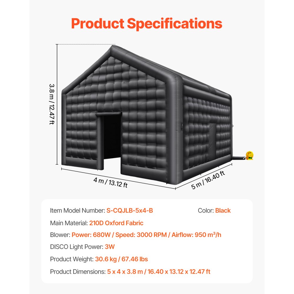 VEVOR Carpa Inflable para Discoteca para Fiestas de 5 x 4 x 3,8 m, Tienda de Campaña Inflable con Soplador de 680 W, Carpa Inflable Grande para Adultos para Bodas, Cumpleaños, Fiestas, Color Negro