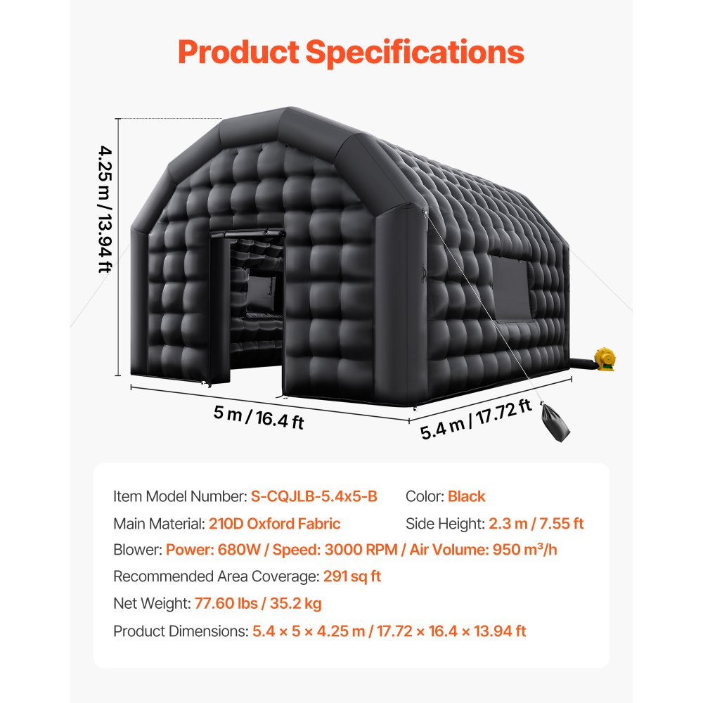 VEVOR Tienda Inflable para Fiestas, Carpa Inflable 5,4 x 5 x 4,25 m con Soplador de 680 W, Saco de Arena y 2 Ventanas, Tienda de Campaña Tipo Cubo para Eventos, Cumpleaños, Bodas y Fiestas, Negro
