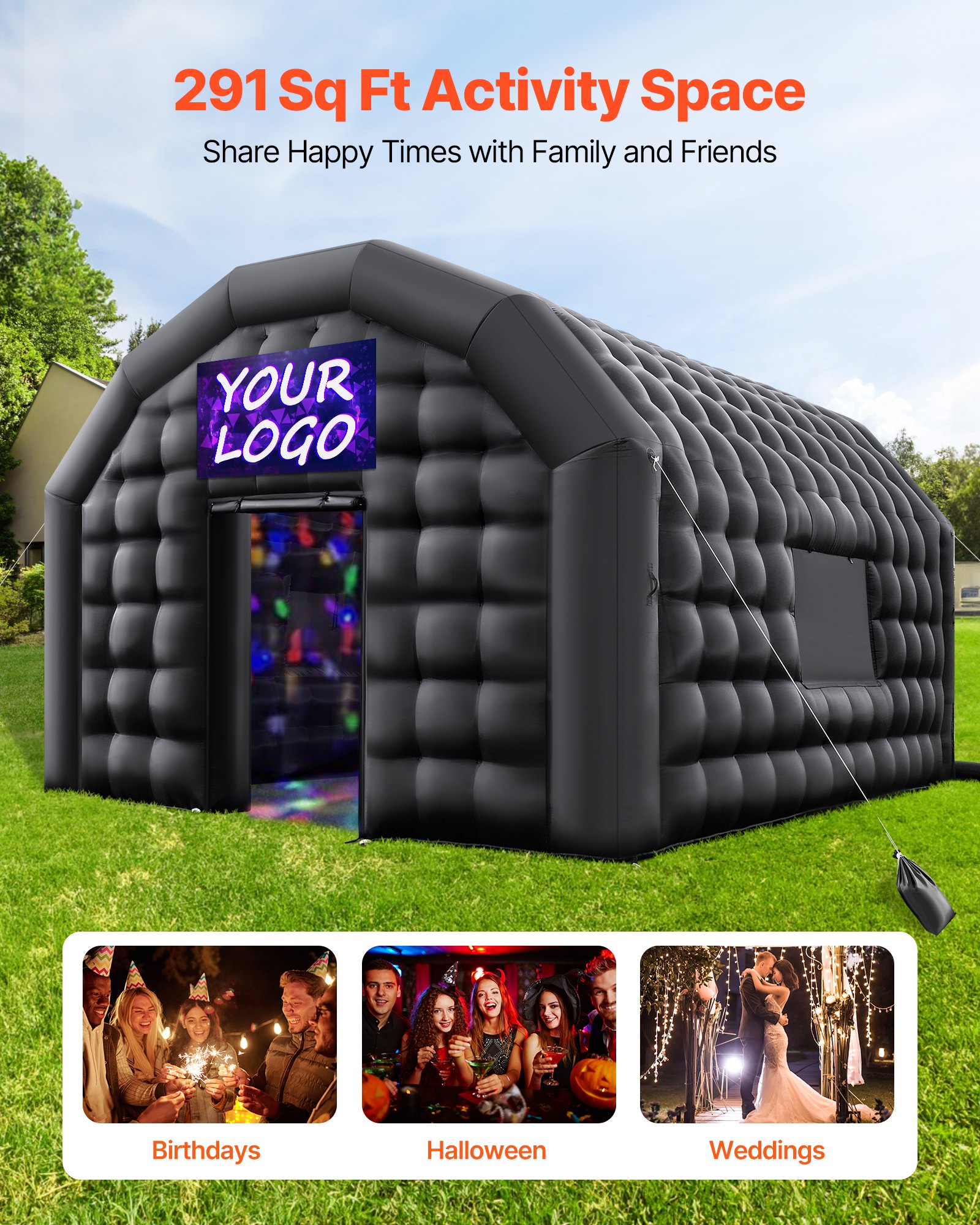 VEVOR Tienda Inflable para Fiestas, Carpa Inflable 5,4 x 5 x 4,25 m con Soplador de 680 W, Saco de Arena y 2 Ventanas, Tienda de Campaña Tipo Cubo para Eventos, Cumpleaños, Bodas y Fiestas, Negro