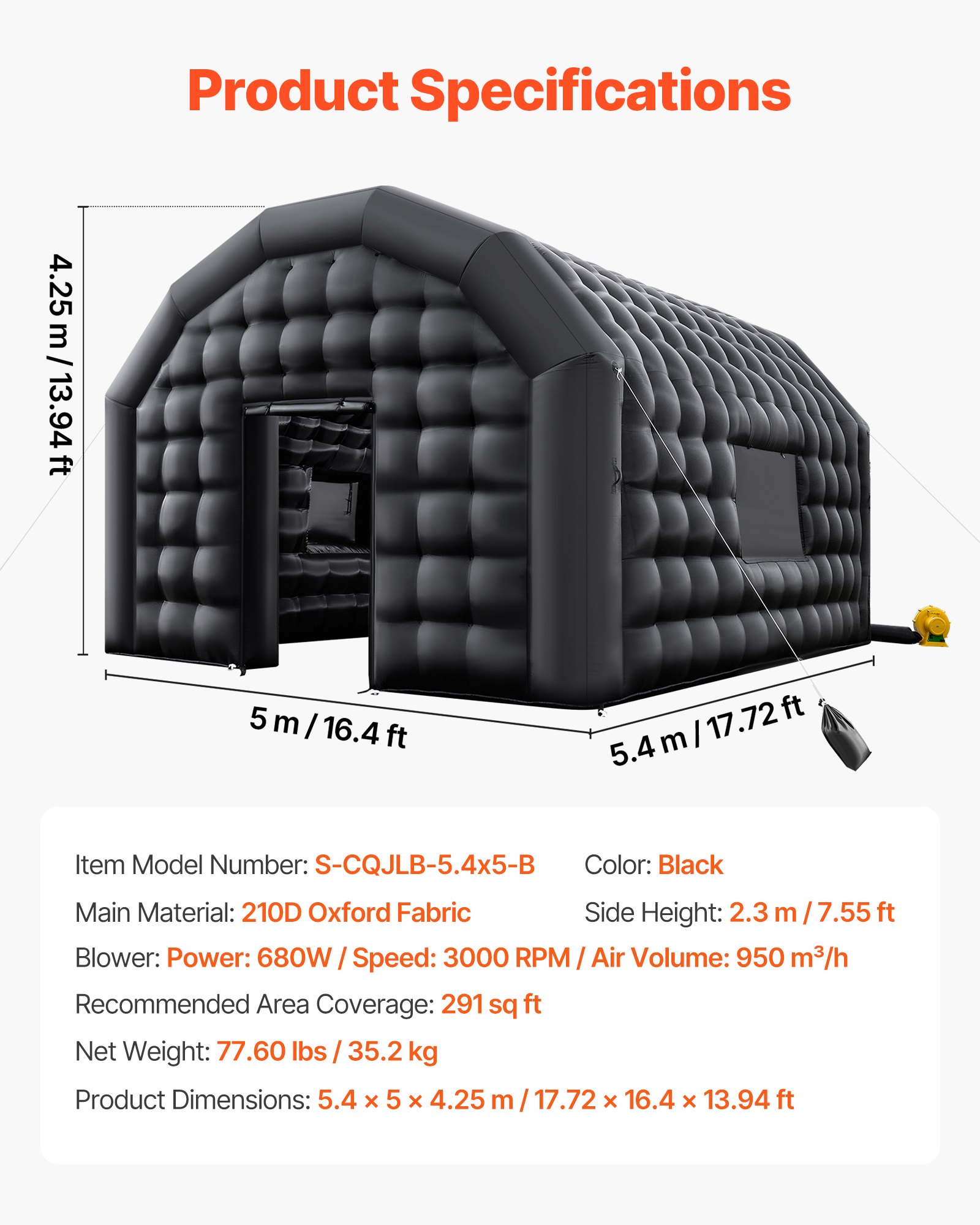 VEVOR Tienda Inflable para Fiestas, Carpa Inflable 5,4 x 5 x 4,25 m con Soplador de 680 W, Saco de Arena y 2 Ventanas, Tienda de Campaña Tipo Cubo para Eventos, Cumpleaños, Bodas y Fiestas, Negro