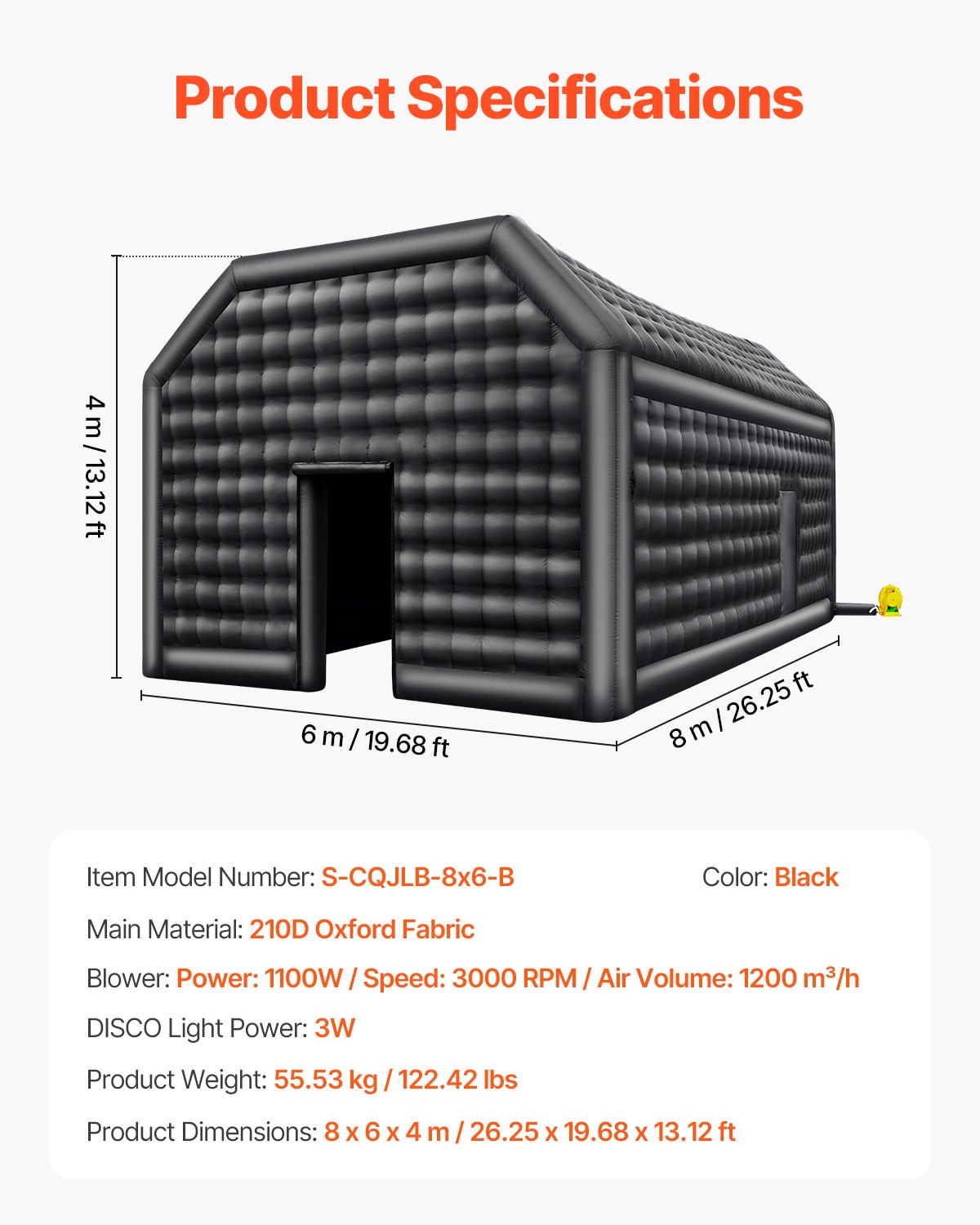 VEVOR Carpa Inflable para Discoteca para Fiestas de 8 x 6 x 4 m, Tienda de Campaña Inflable con Soplador de 1100 W, Carpa Inflable Grande para Adultos para Bodas, Cumpleaños, Fiestas, Color Negro
