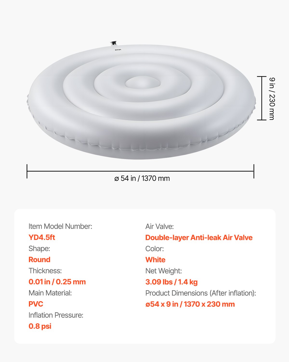 VEVOR Cubierta Inflable para Jacuzzi de Exterior 1370 x 230 mm Cubierta Protectora Redonda de Bañera Resistente a la Intemperie Funda para Piscinas de PVC Engrosado Espesor de 0,25 mm, Blanco