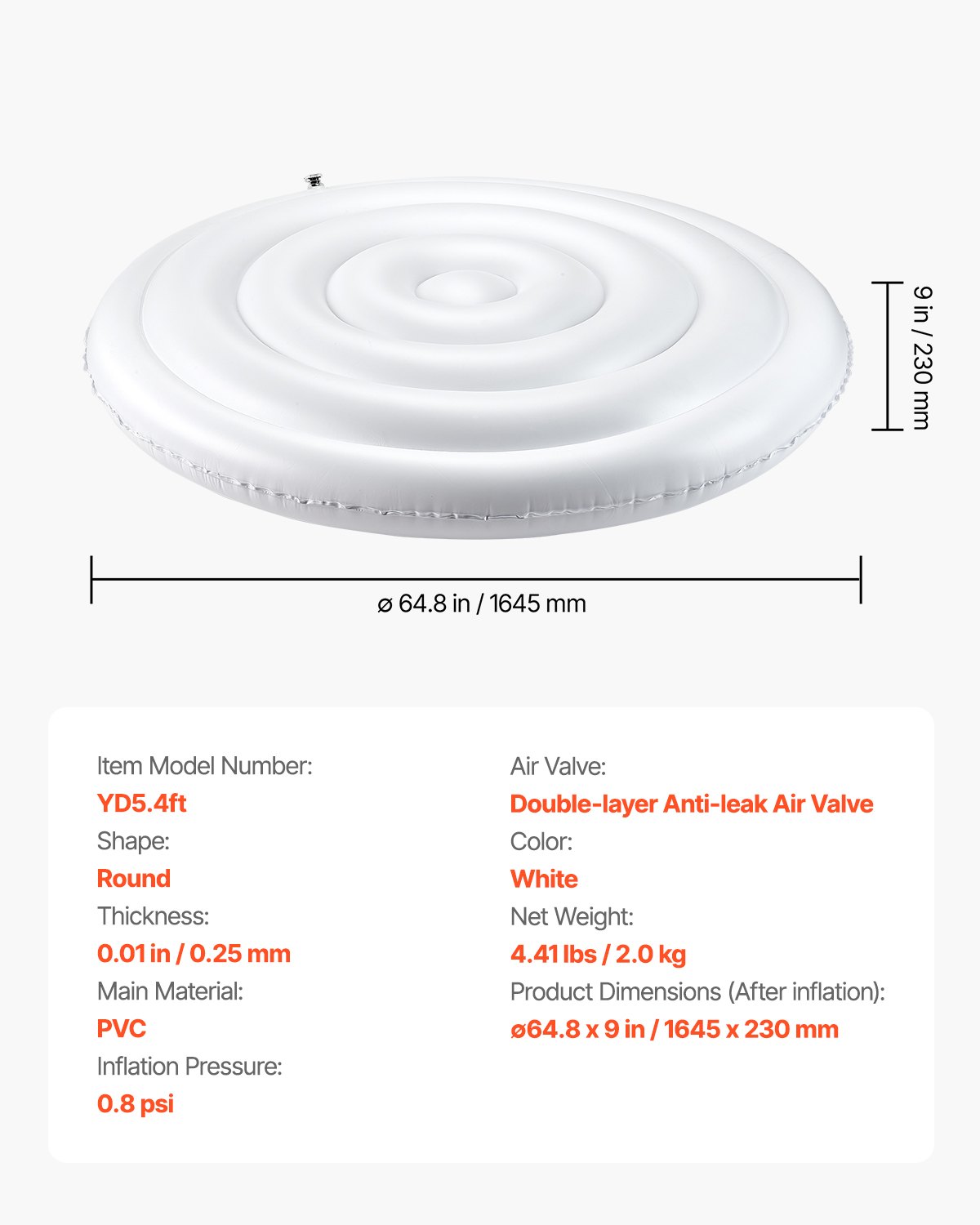 VEVOR Inflatable Cover for Hot Tub 164.5 cm Round, Cover Protector, Insulated Spa Covers, Weatherproof and Waterproof Energy Saving Cover White