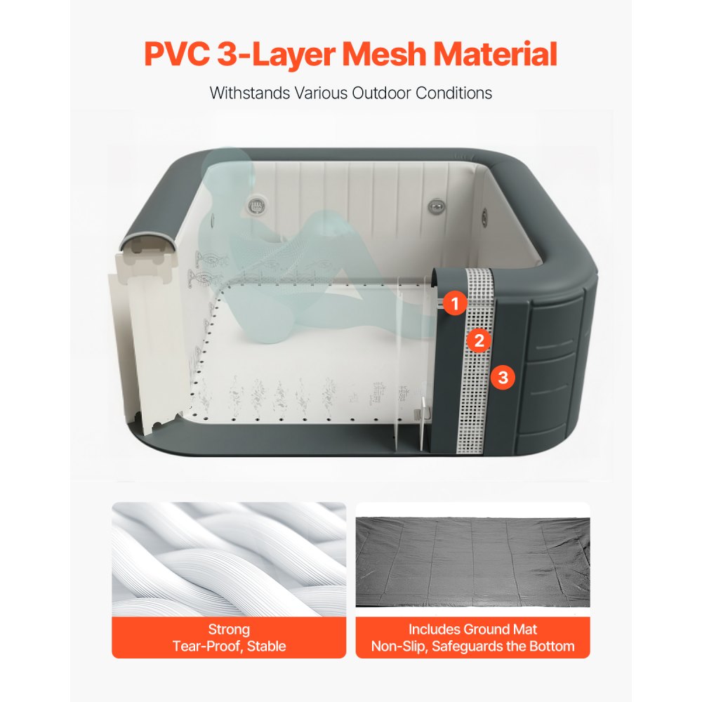 VEVOR Jacuzzi Inflable para 4 a 6 Personas, Cuadrado, 1850 x 660 mm, Portátil, para Exteriores, con 130 Chorros Relajantes, Filtro, Cubierta y Tapete, Panel de Control Multifunción, de PVC, Gris