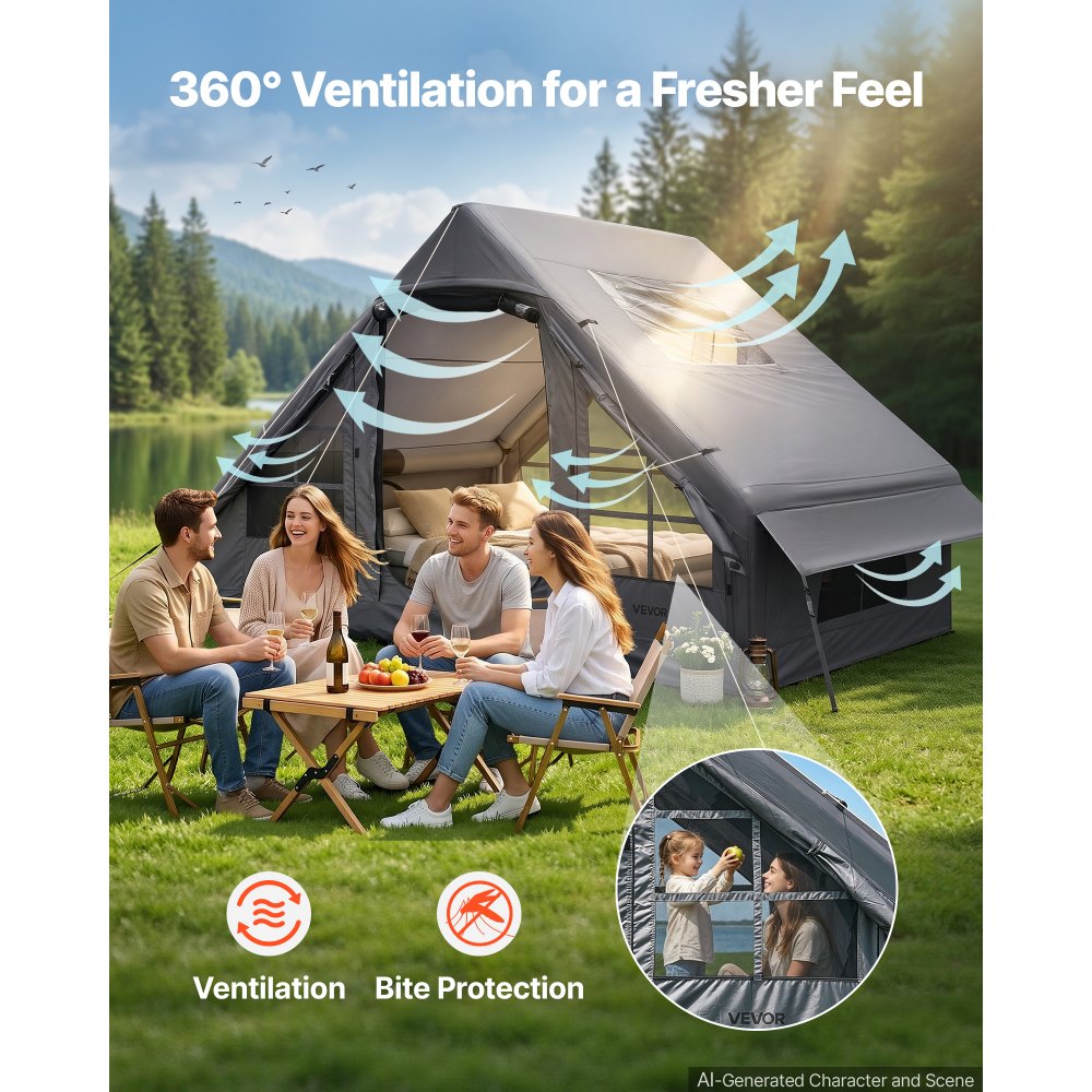 VEVOR Tienda de Campaña Inflable para 2-4 Personas con Bomba de Aire Gris, para Glamping Viaje Familiar Outdoor, con Claraboya Apertura de Chimenea Ventanas de Malla, Tela Oxford Impermeable 420D