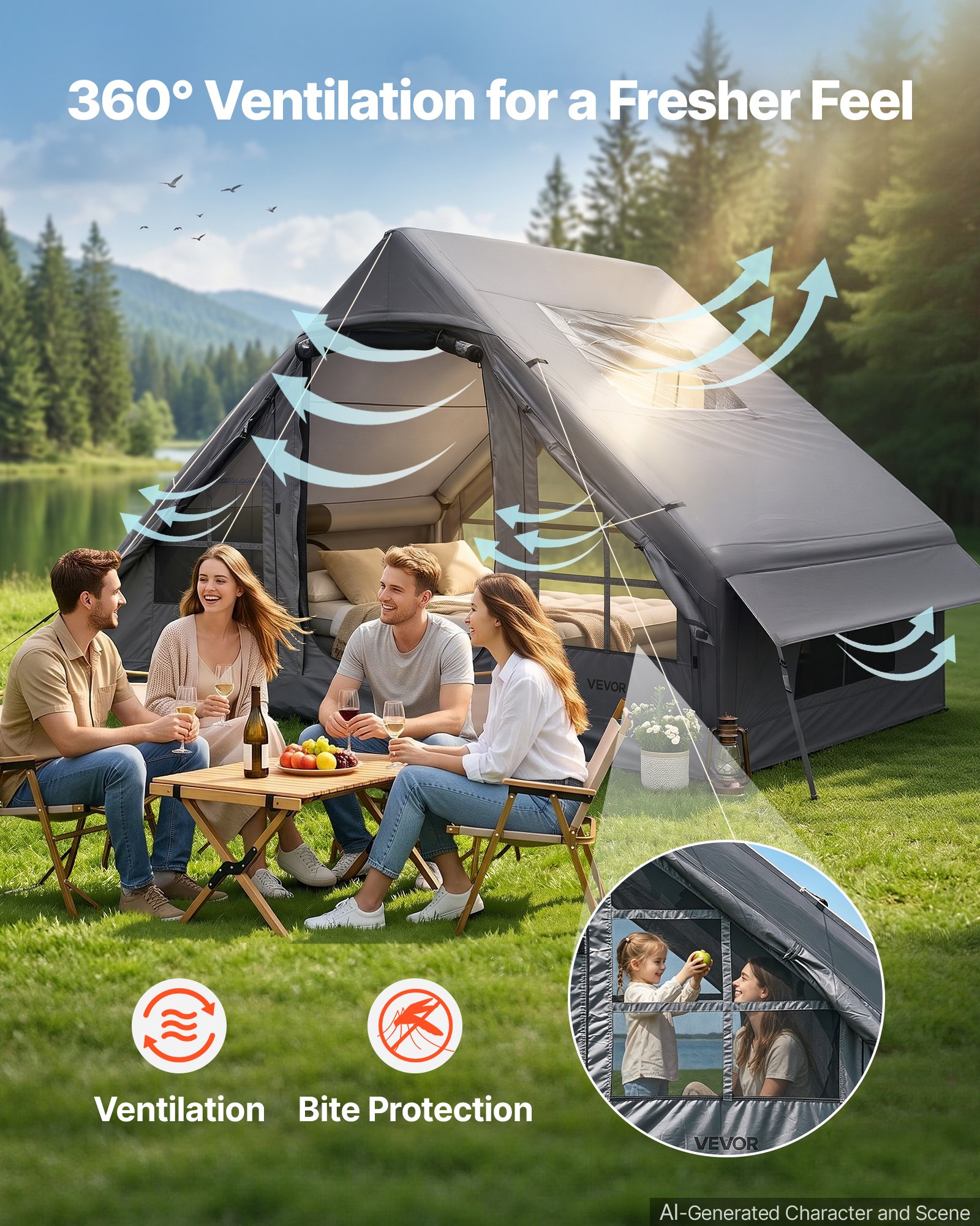 VEVOR Tienda de Campaña Inflable para 2-4 Personas con Bomba de Aire Gris, para Glamping Viaje Familiar Outdoor, con Claraboya Apertura de Chimenea Ventanas de Malla, Tela Oxford Impermeable 420D