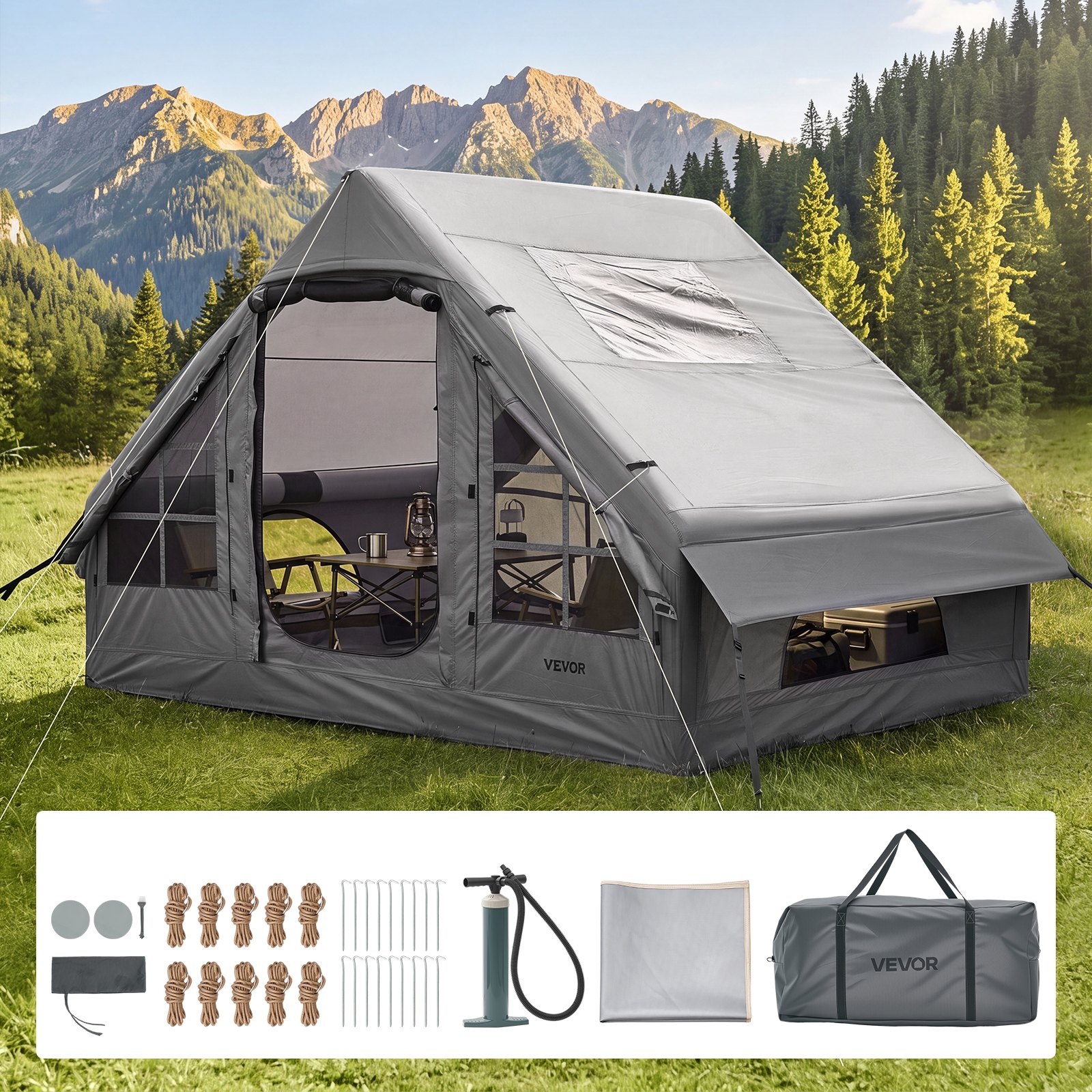 VEVOR Tienda de Campaña Inflable para 2-4 Personas con Bomba de Aire Gris, para Glamping Viaje Familiar Outdoor, con Claraboya Apertura de Chimenea Ventanas de Malla, Tela Oxford Impermeable 420D