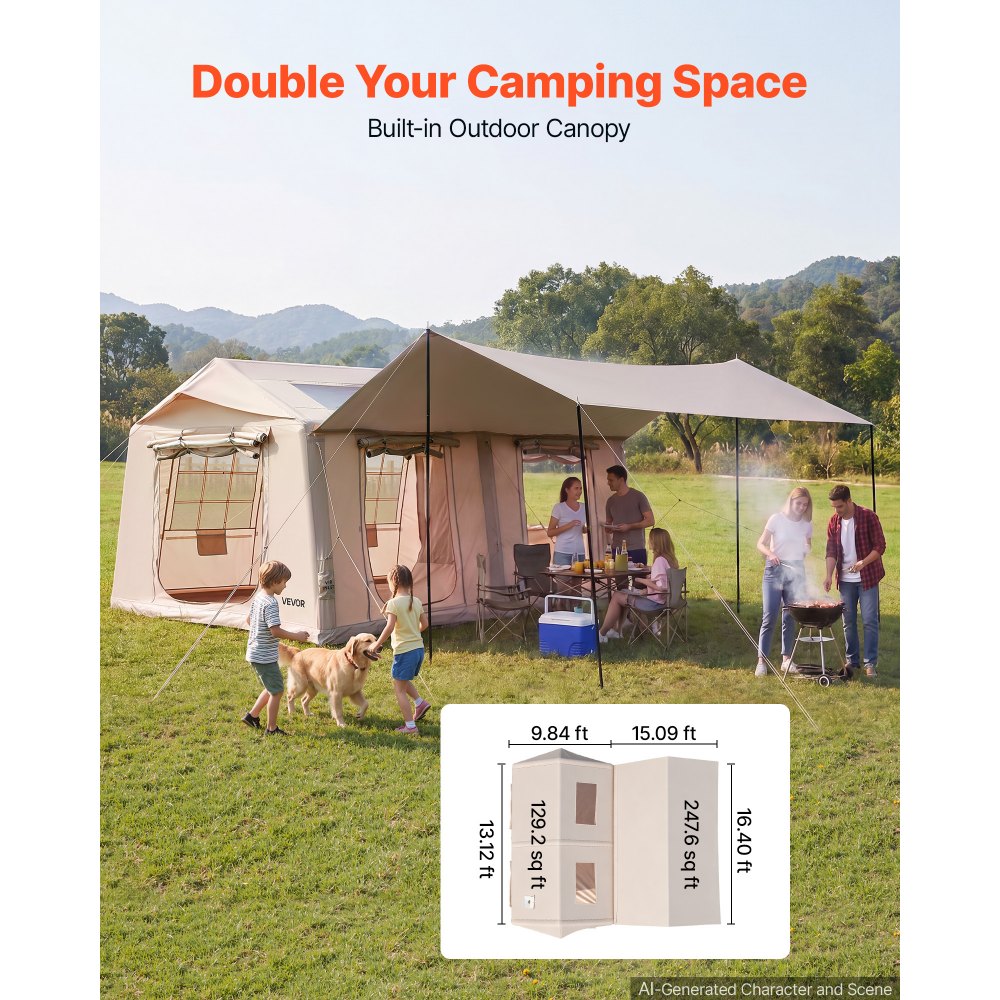 VEVOR Tienda de Campaña Inflable para 5-8 Personas con Bomba de Aire Beige, Casa Hinchable para Glamping Viaje Familiar Outdoor, Tela Oxford Impermeable 420D, con Apertura de Chimenea Tragaluz Toldo