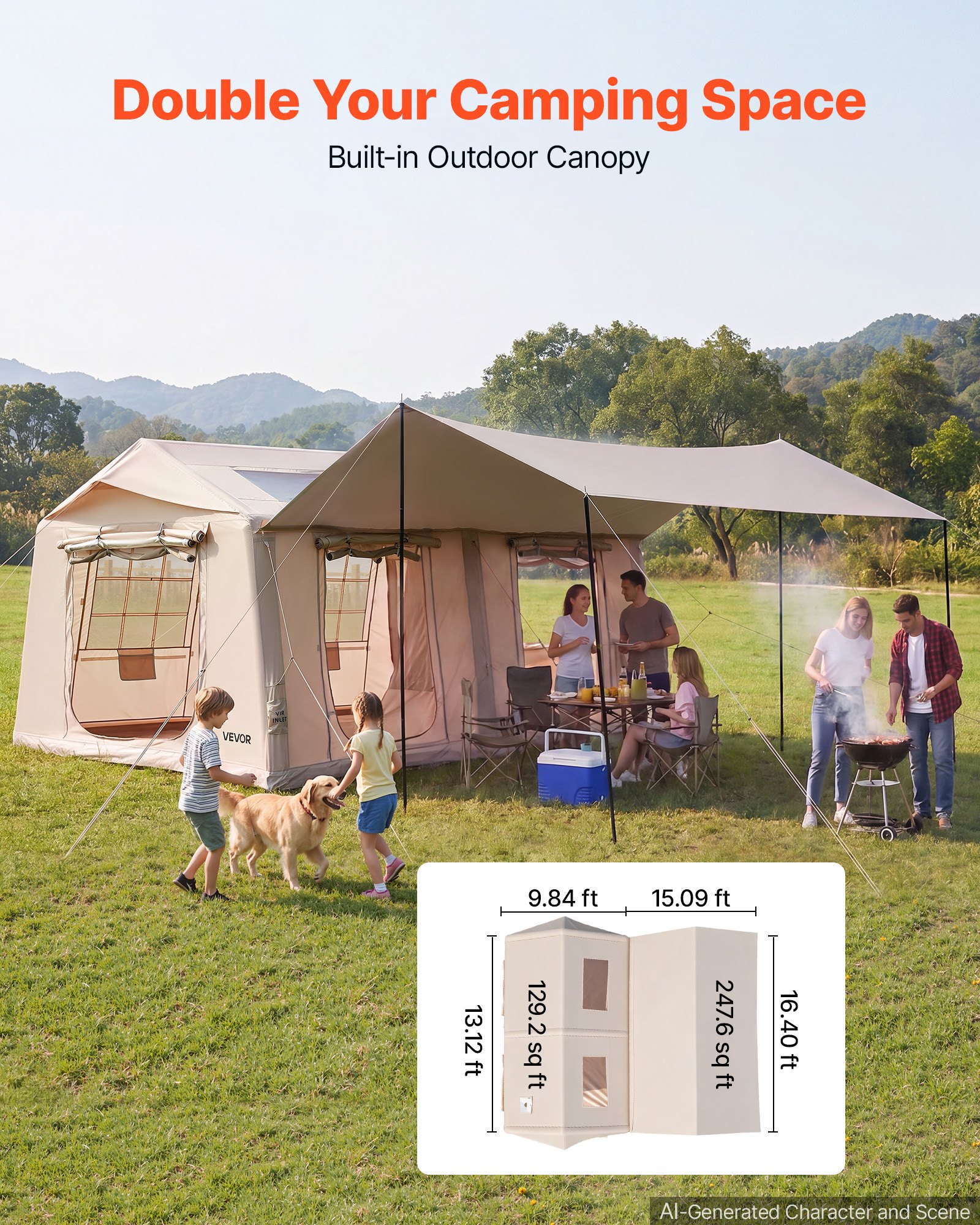 VEVOR Tienda de Campaña Inflable para 5-8 Personas con Bomba de Aire Beige, Casa Hinchable para Glamping Viaje Familiar Outdoor, Tela Oxford Impermeable 420D, con Apertura de Chimenea Tragaluz Toldo