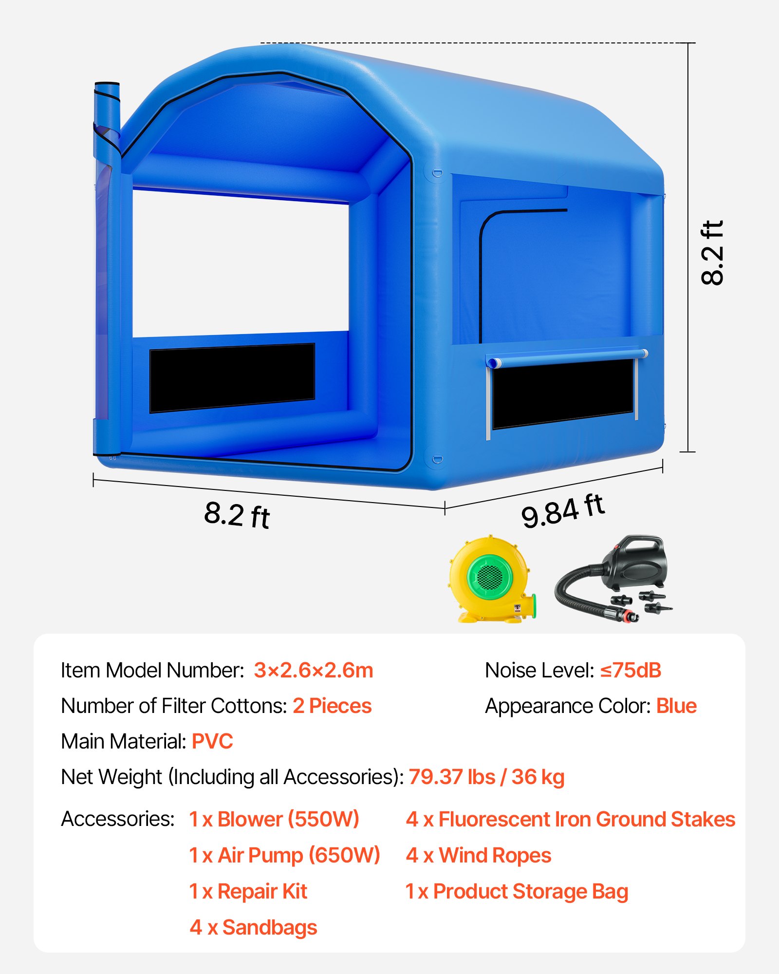VEVOR Cabina de Pintura Inflable 3 x 2,5 x 2,5 m, Tienda de Pintura con Soplador y Sistema de Filtro de Aire, Techo Redondo, para Pintar Bicicletas, Motocicletas, Chapa Metálica Automotriz, Azul
