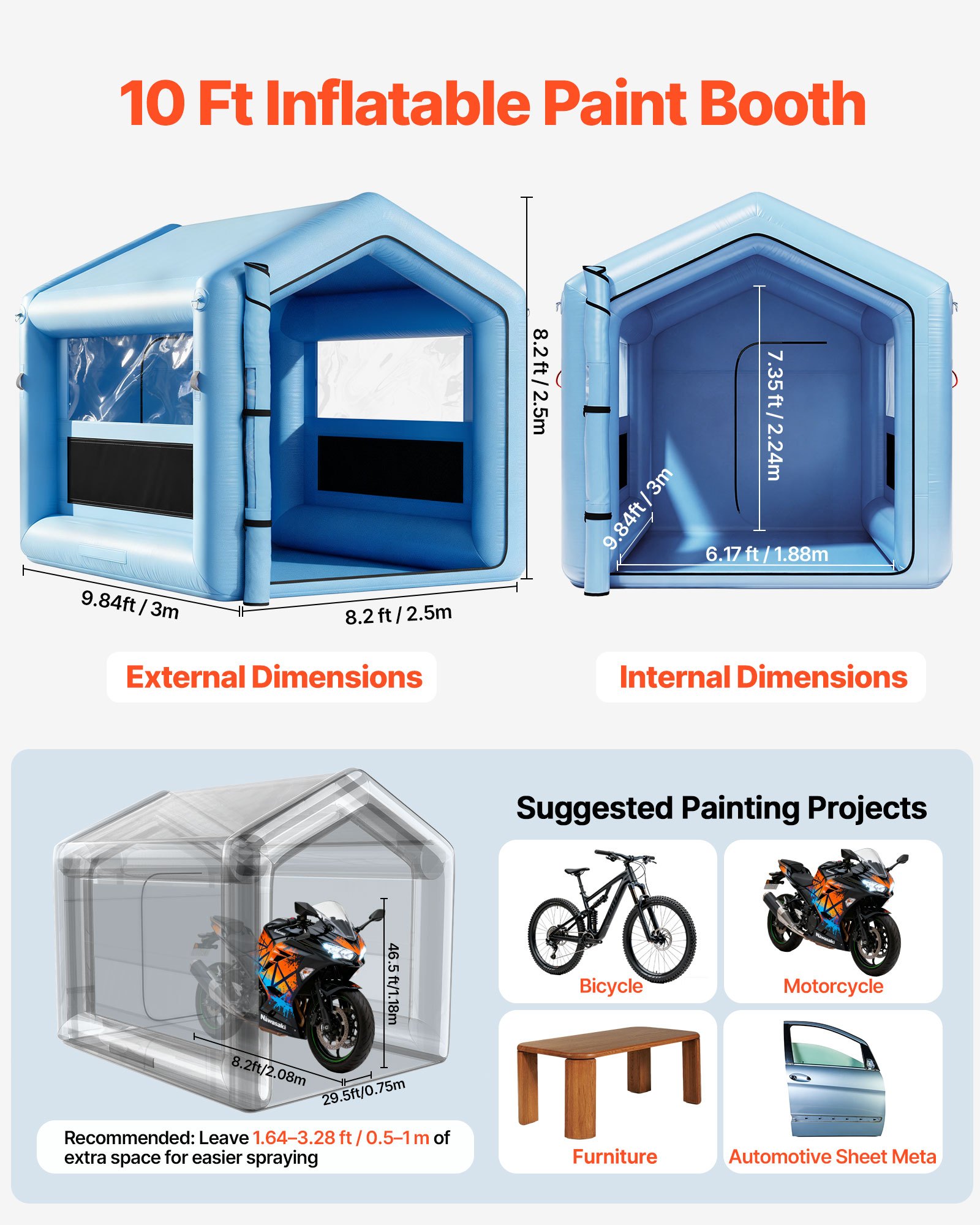 VEVOR Cabina de Pintura Inflable 3 x 2,5 x 2,5 m, con Soplador y Sistema de Filtro de Aire, Tienda de Pintura de Techo Triangular, para Pintar Bicicletas, Motocicletas, Chapa Metálica Automotriz
