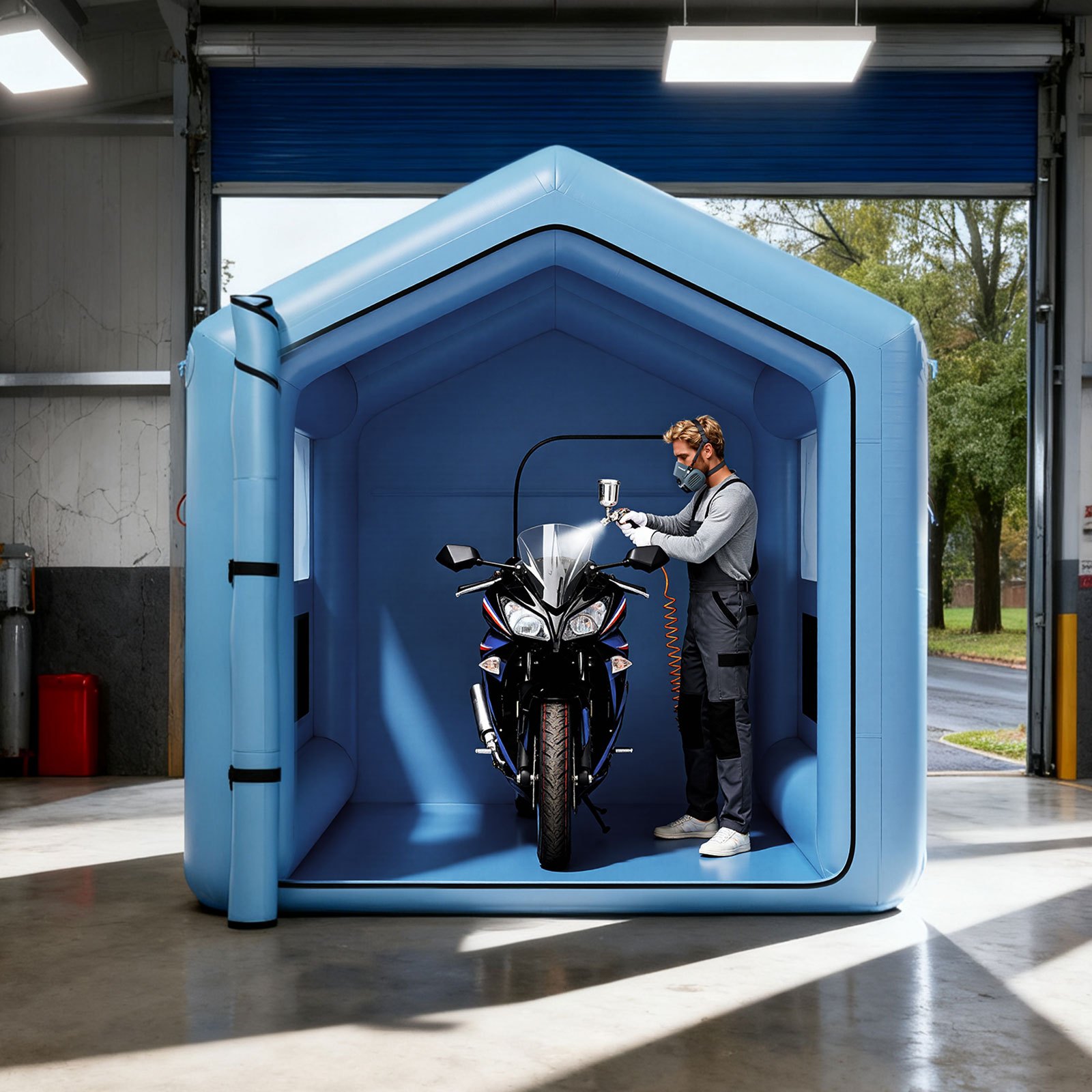 VEVOR Cabina de Pintura Inflable 3 x 2,5 x 2,5 m, con Soplador y Sistema de Filtro de Aire, Tienda de Pintura de Techo Triangular, para Pintar Bicicletas, Motocicletas, Chapa Metálica Automotriz