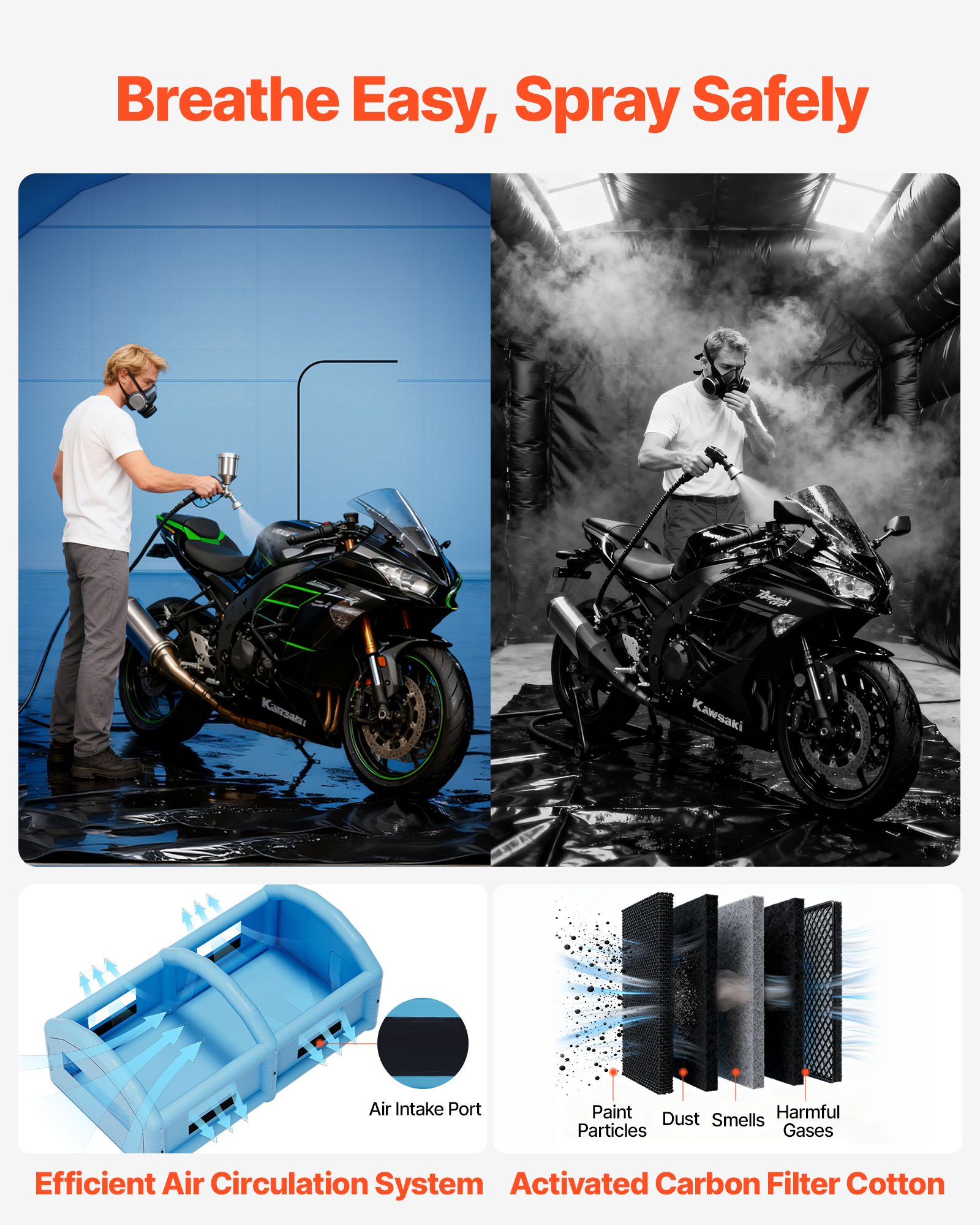 VEVOR Cabina de Pintura Inflable 10 x 6 x 4 m, con 2 Sopladores y Sistema de Filtro de Aire, Tienda de Pintura de Techo Redondo, para Pintar Bicicletas, Motocicletas, Chapa Metálica Automotriz