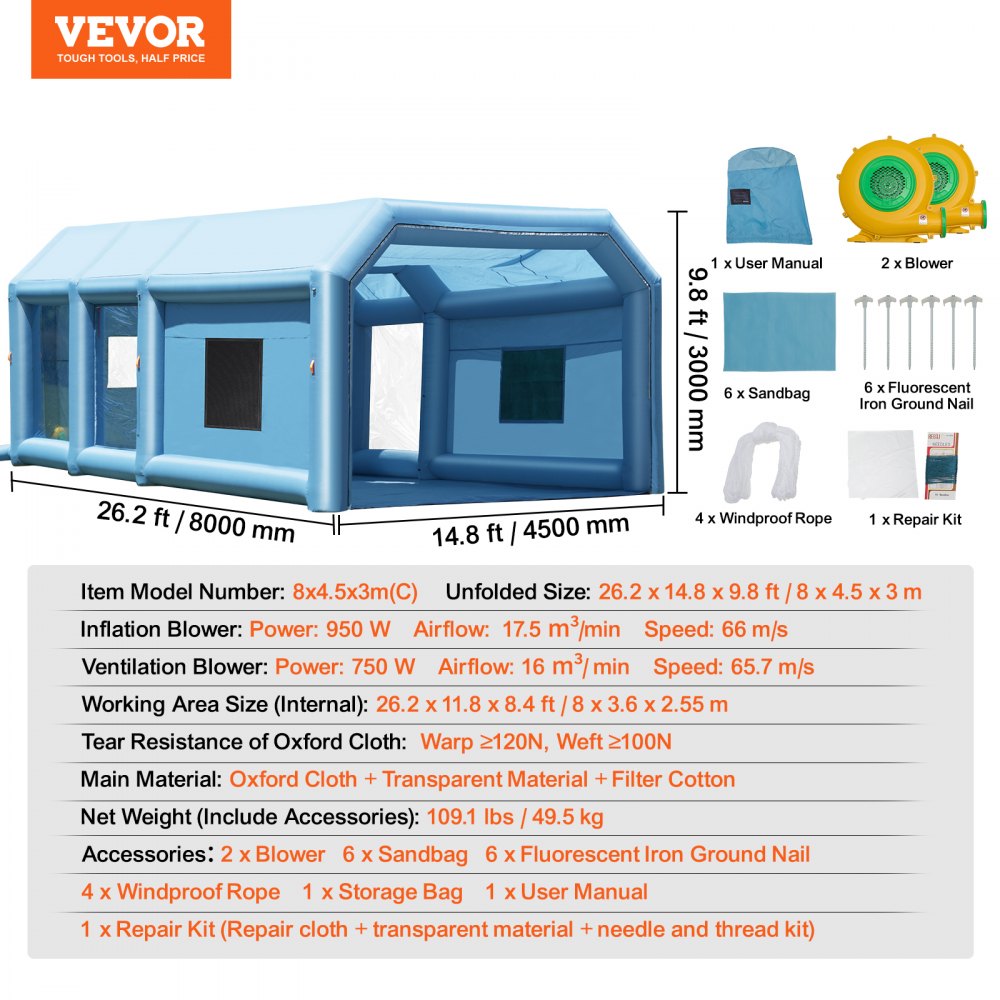 VEVOR Cabina de Pintura Inflable de 8 x 4,5 x 3 m con Potentes Sopladores de 950 W+750 W y Sistema de Filtro de Aire, Cabina de Pintura portátil para Camiones Pequeños, Motocicletas Grandes