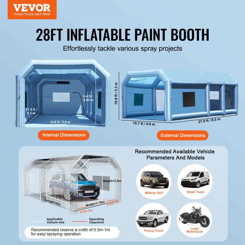 VEVOR Cabina de Pintura Inflable 8,5 x 4,8 x 3,3  m con Potentes Sopladores de 950 W+750 W y Sistema de Filtro de Aire, Cabina de Pintura portátil para Camiones Pequeños, Motocicletas Grandes