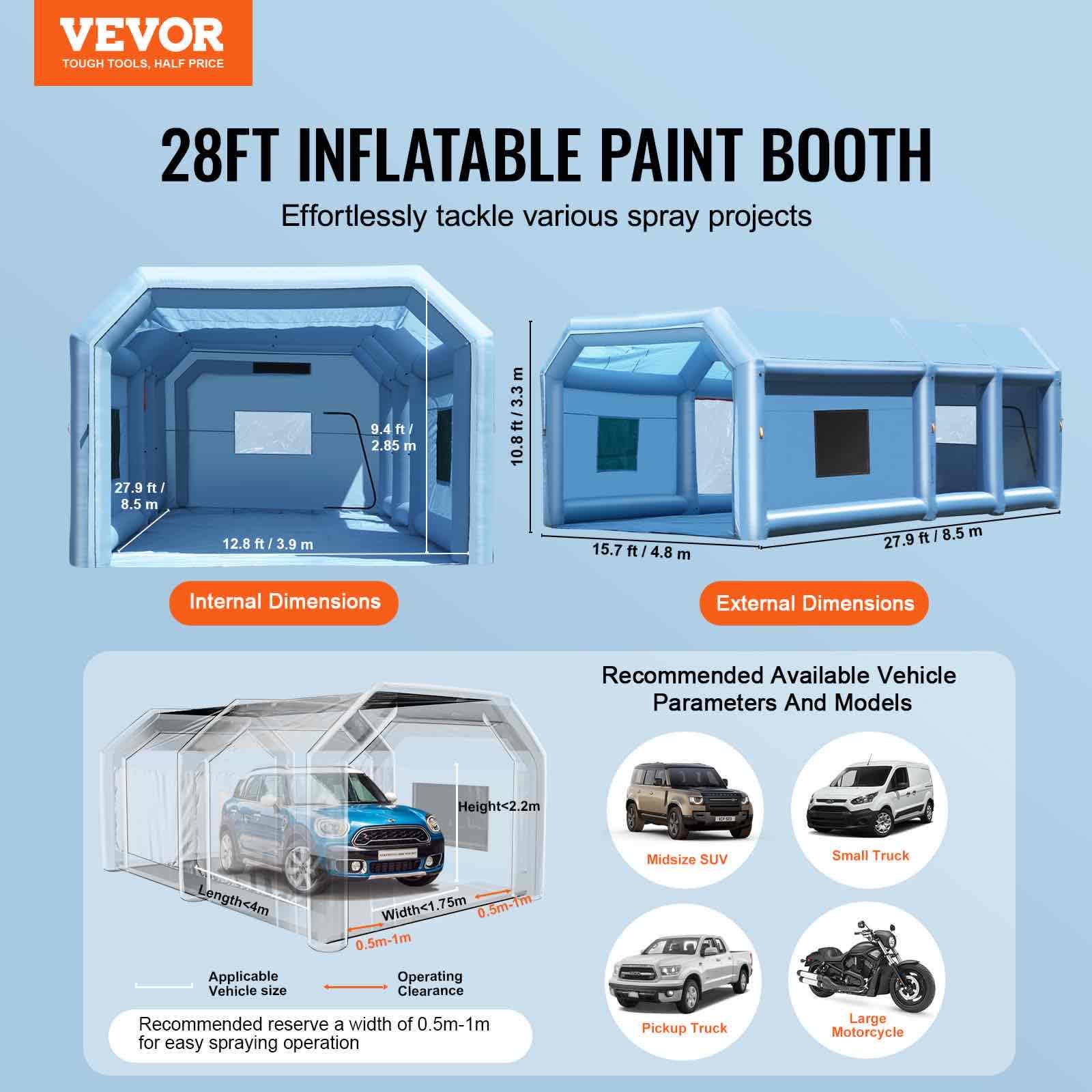 VEVOR Cabina de Pintura Inflable 8,5 x 4,8 x 3,3  m con Potentes Sopladores de 950 W+750 W y Sistema de Filtro de Aire, Cabina de Pintura portátil para Camiones Pequeños, Motocicletas Grandes