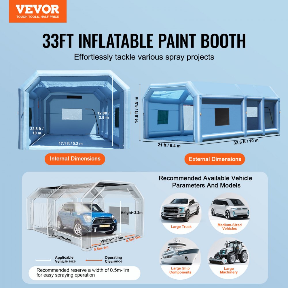 VEVOR Cabina de Pintura Inflable de 10 x 6,4 x 4,5 m con Potentes Sopladores de 1100 W+750 W y Sistema de Filtro de Aire, Cabina de Pintura Portátil para Camiones, Furgonetas y Maquinaria Grande