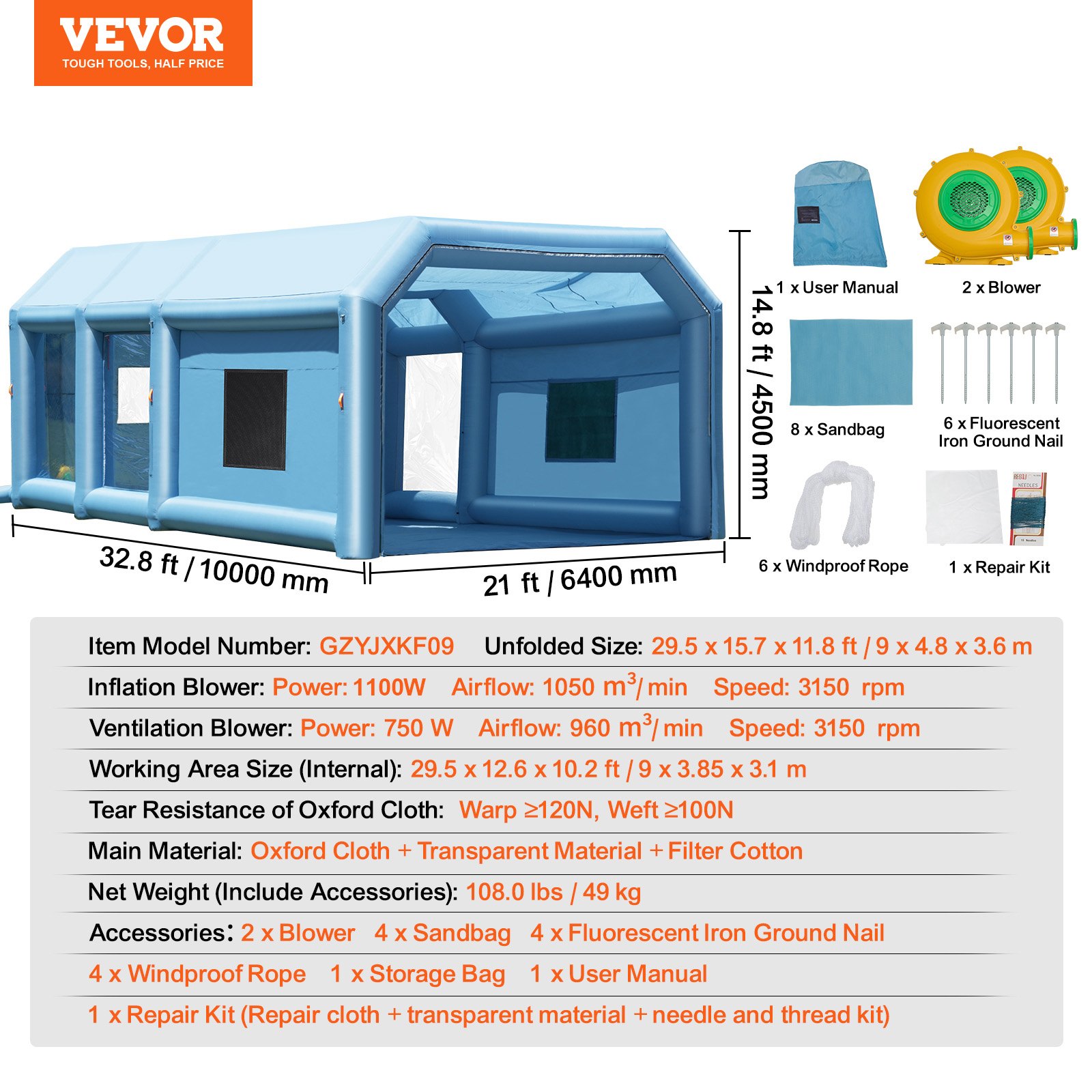 VEVOR Cabina de Pintura Inflable de 10 x 6,4 x 4,5 m con Potentes Sopladores de 1100 W+750 W y Sistema de Filtro de Aire, Cabina de Pintura Portátil para Camiones, Furgonetas y Maquinaria Grande