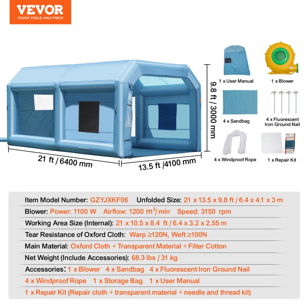 VEVOR Cabina de Pintura Inflable de 6,4 x 4,1 x 3 m con Potente Soplador de 1100 W y Sistema de Filtro de Aire, Cabina de Pintura Portátil para Vehículos Medianos, Pintura de Muebles Grandes