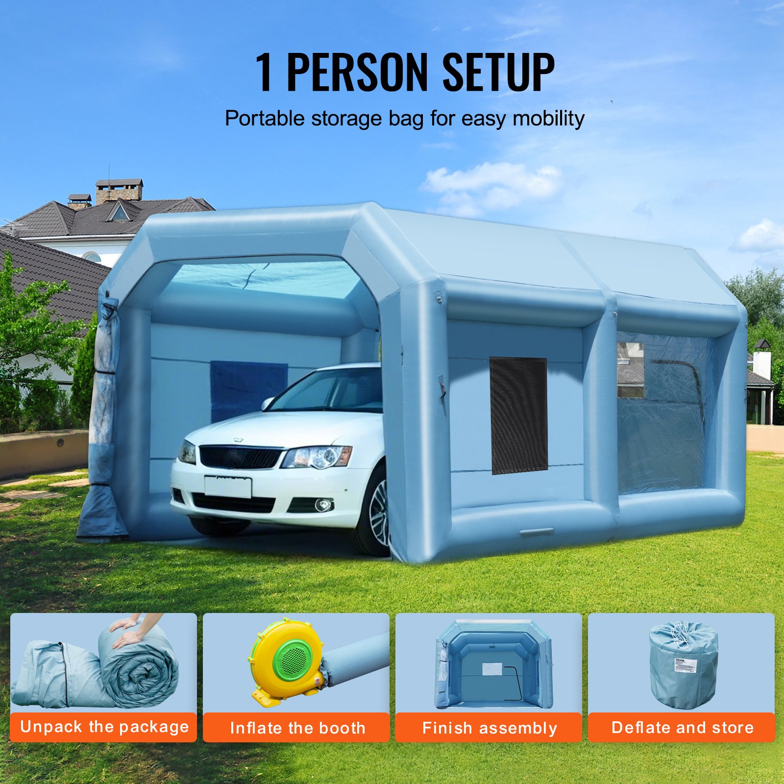 VEVOR Cabina de Pintura Inflable de 6,4 x 4,1 x 3 m con Potente Soplador de 1100 W y Sistema de Filtro de Aire, Cabina de Pintura Portátil para Vehículos Medianos, Pintura de Muebles Grandes