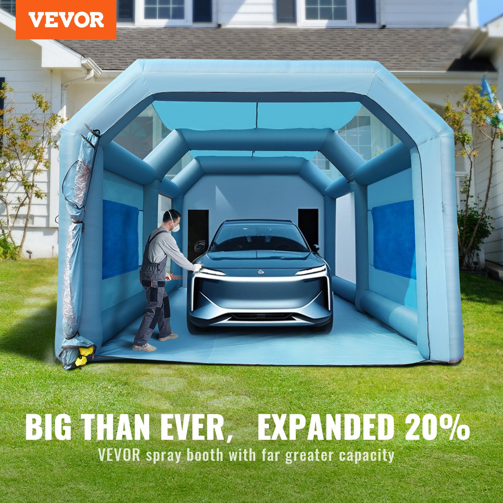 VEVOR Cabina de Pintura Inflable 8 x 4,5 x 3,3 m Carpa Hinchable de Pintura de Coches en Oxford 210D con Sistema de Filtración 2 Sopladores 960W + 750W Estación de Trabajo de Pintura Taller de Garaje