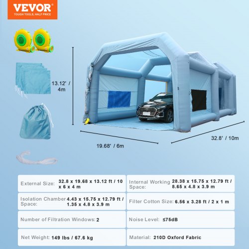 VEVOR Cabina de Pintura Inflable 10 x 6 x 4 m Carpa Hinchable de Pintura de Coches en Oxford 210D con Sistema de Filtración 2 Sopladores 950W + 1100W Estación de Trabajo de Pintura Taller de Garaje
