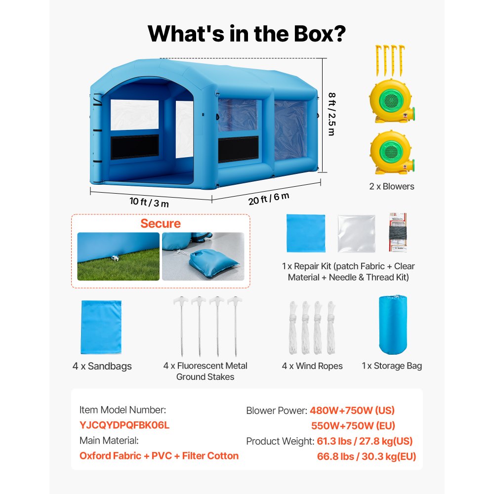 VEVOR Cabina de Pintura Hinchable 6 x 3 x 2,5 m Sopladores de 550 W y 750 W, Cabina de Pulverización Portátil con Sistema de Filtración, Bolsa de Almacenamiento, Pinturas para Motos Muebles, Azul