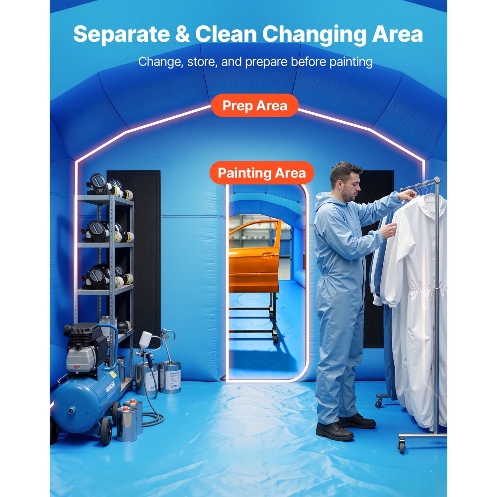 VEVOR Cabina de Pintura Inflable 7 x 4 x 2,75 m Carpa de Pintura Portátil, Cabina de Pulverización para Coches con 2 Sopladores Espacio de Herramientas, Accesorios de Estacas y Sacos de Arena, Azul
