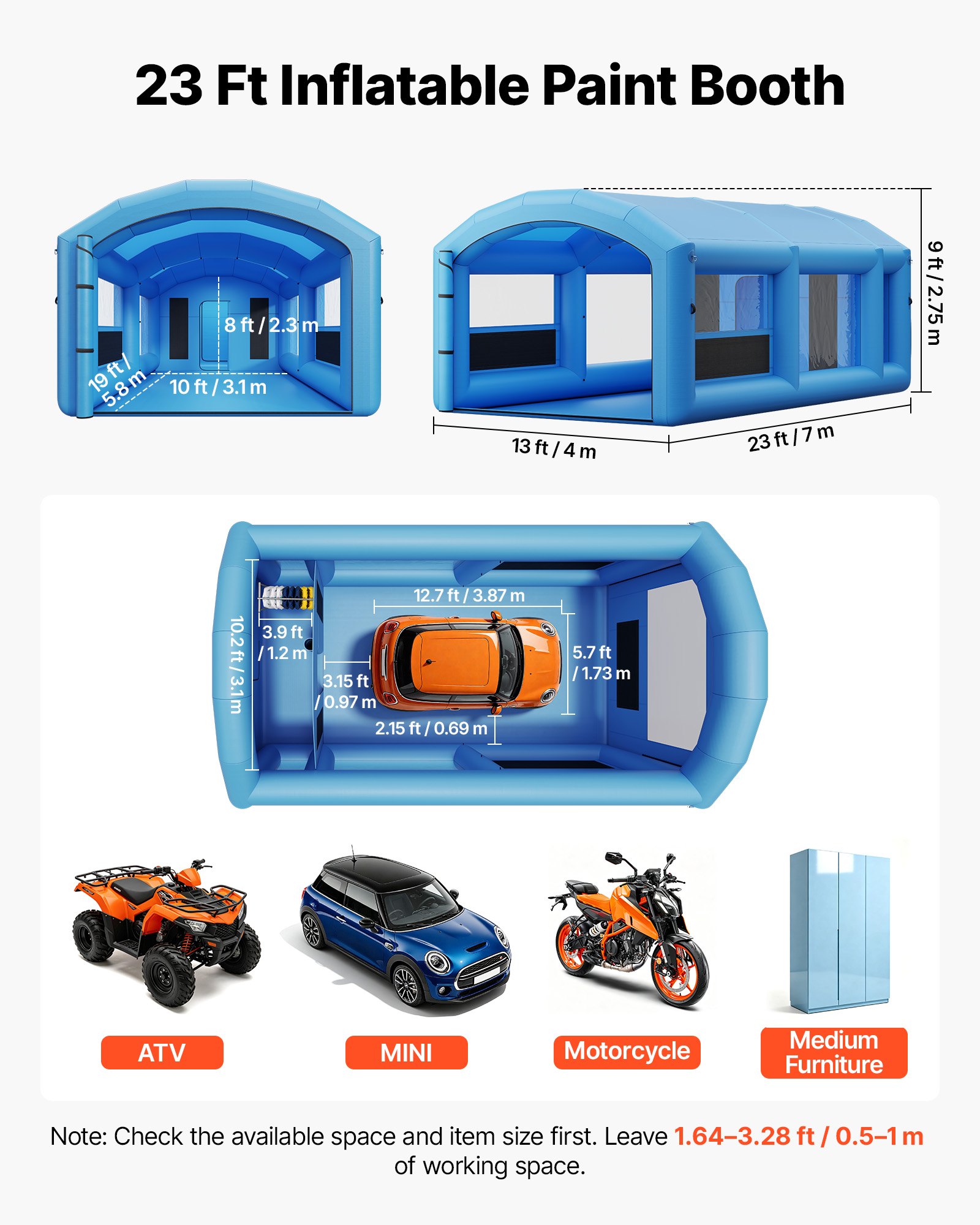VEVOR Cabina de Pintura Inflable 7 x 4 x 2,75 m Carpa de Pintura Portátil, Cabina de Pulverización para Coches con 2 Sopladores Espacio de Herramientas, Accesorios de Estacas y Sacos de Arena, Azul