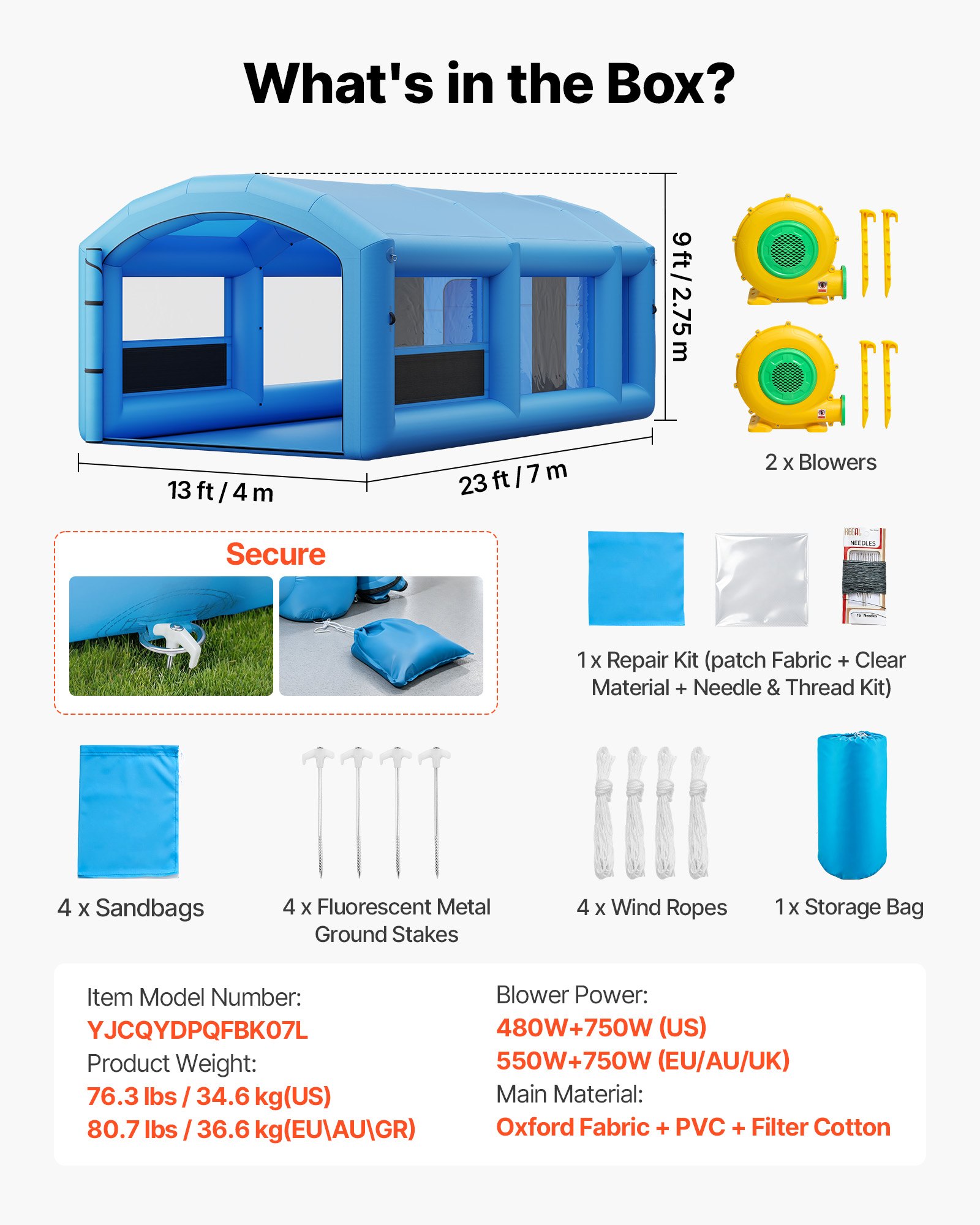 VEVOR Cabina de Pintura Inflable 7 x 4 x 2,75 m Carpa de Pintura Portátil, Cabina de Pulverización para Coches con 2 Sopladores Espacio de Herramientas, Accesorios de Estacas y Sacos de Arena, Azul