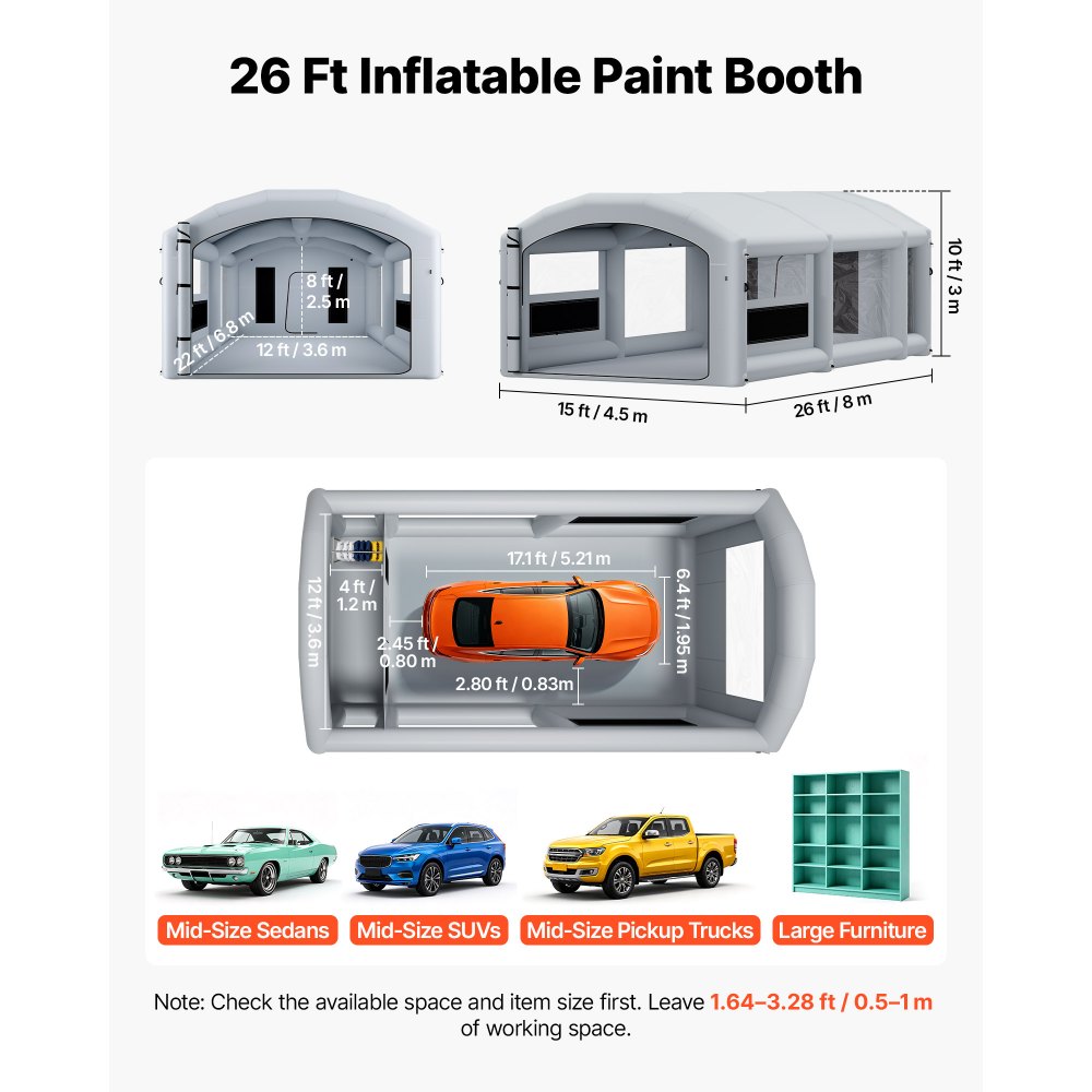 VEVOR Cabina de Pintura Inflable 8 x 4,5 x 3 m Cabina de Pulverización, con 2 Sopladores de 750 W y 950 W Sistema de Filtro Área para Herramientas, Bolsa Portátil, Pinturas para Coches Muebles, Gris