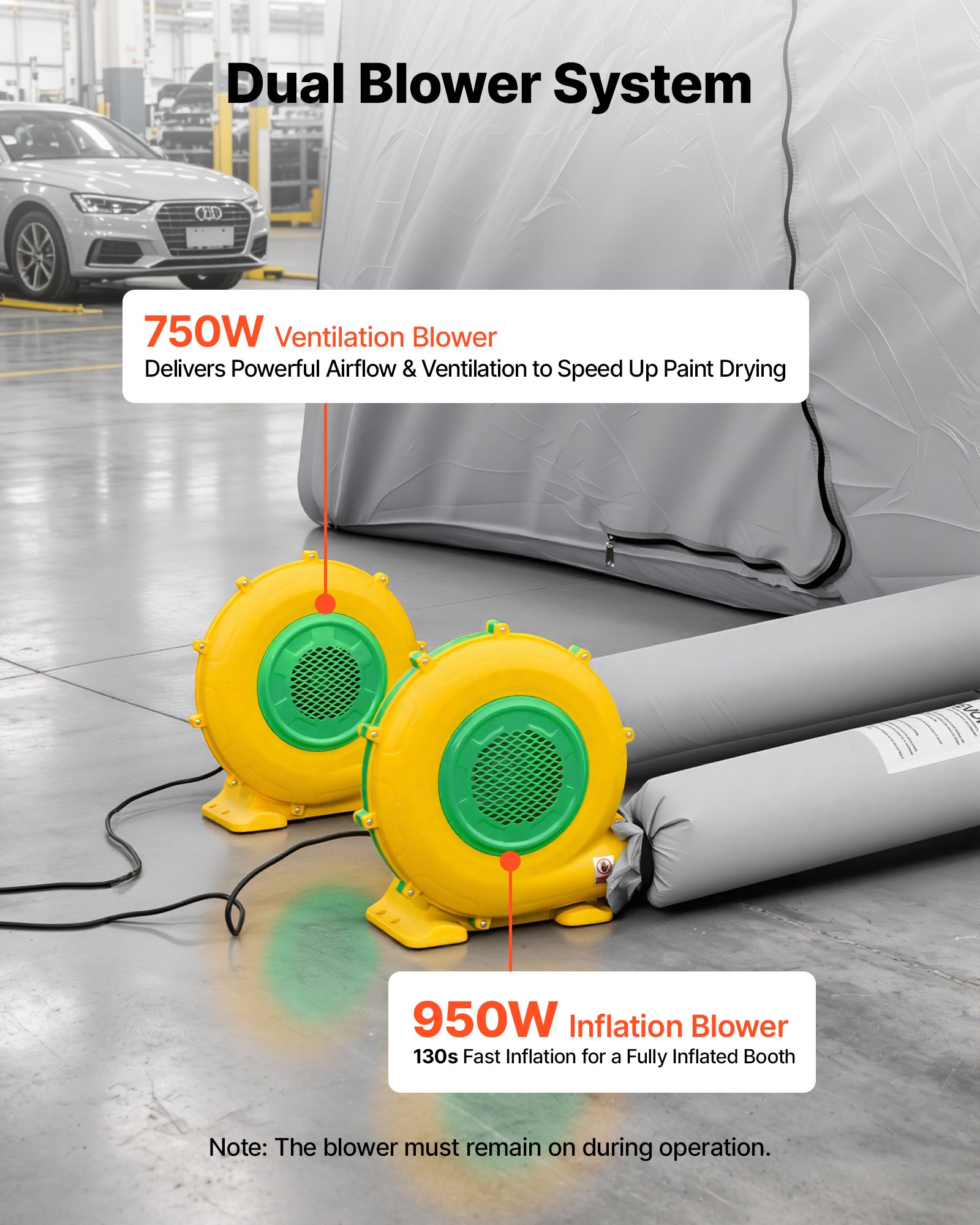 VEVOR Cabina de Pintura Inflable 9 x 4,8 x 3,6 m con Área para Herramientas, Cabina de Pulverización Hinchable con 2 Sopladores 750 W + 950 W y Sistema de Filtración, Pintura para Coches, Color Gris
