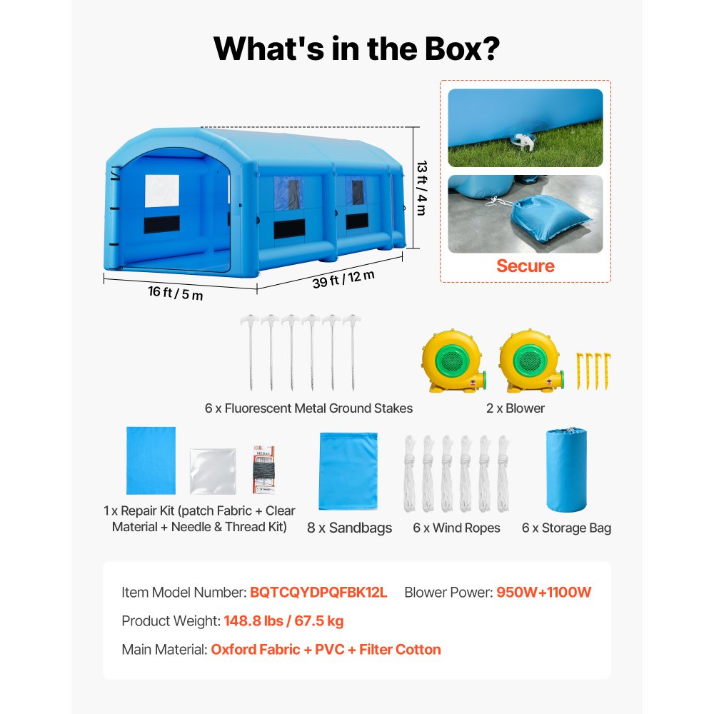 VEVOR Cabina de Pintura Inflable 12 x 5 x 4 m Cabina Hinchable para Coches, con 2 Sopladores 950 W y 1100 W Sistema de Filtro Espacio para Herramientas, Portátil, Pulverización para Camión Furgoneta