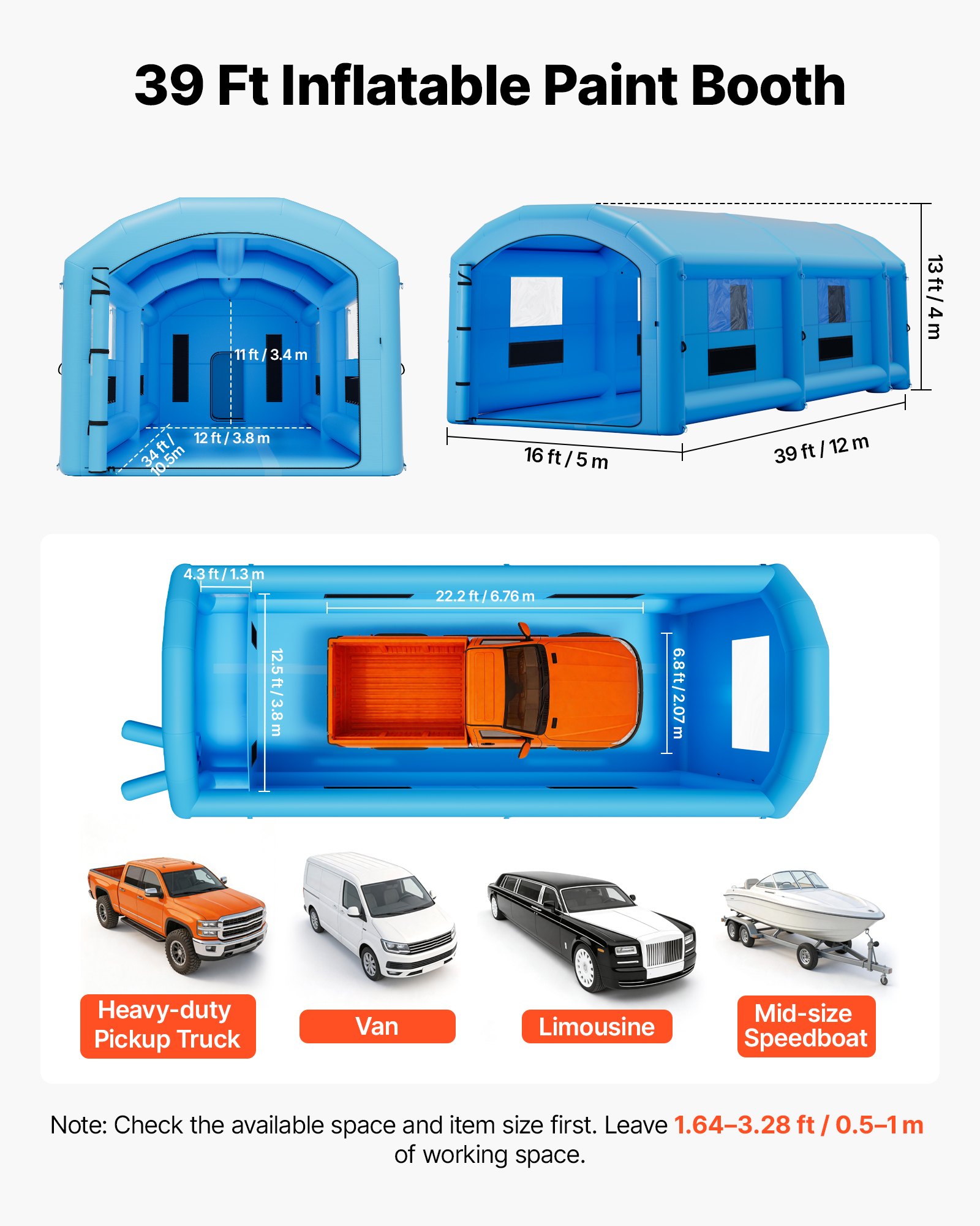 VEVOR Cabina de Pintura Inflable 12 x 5 x 4 m Cabina Hinchable para Coches, con 2 Sopladores 950 W y 1100 W Sistema de Filtro Espacio para Herramientas, Portátil, Pulverización para Camión Furgoneta