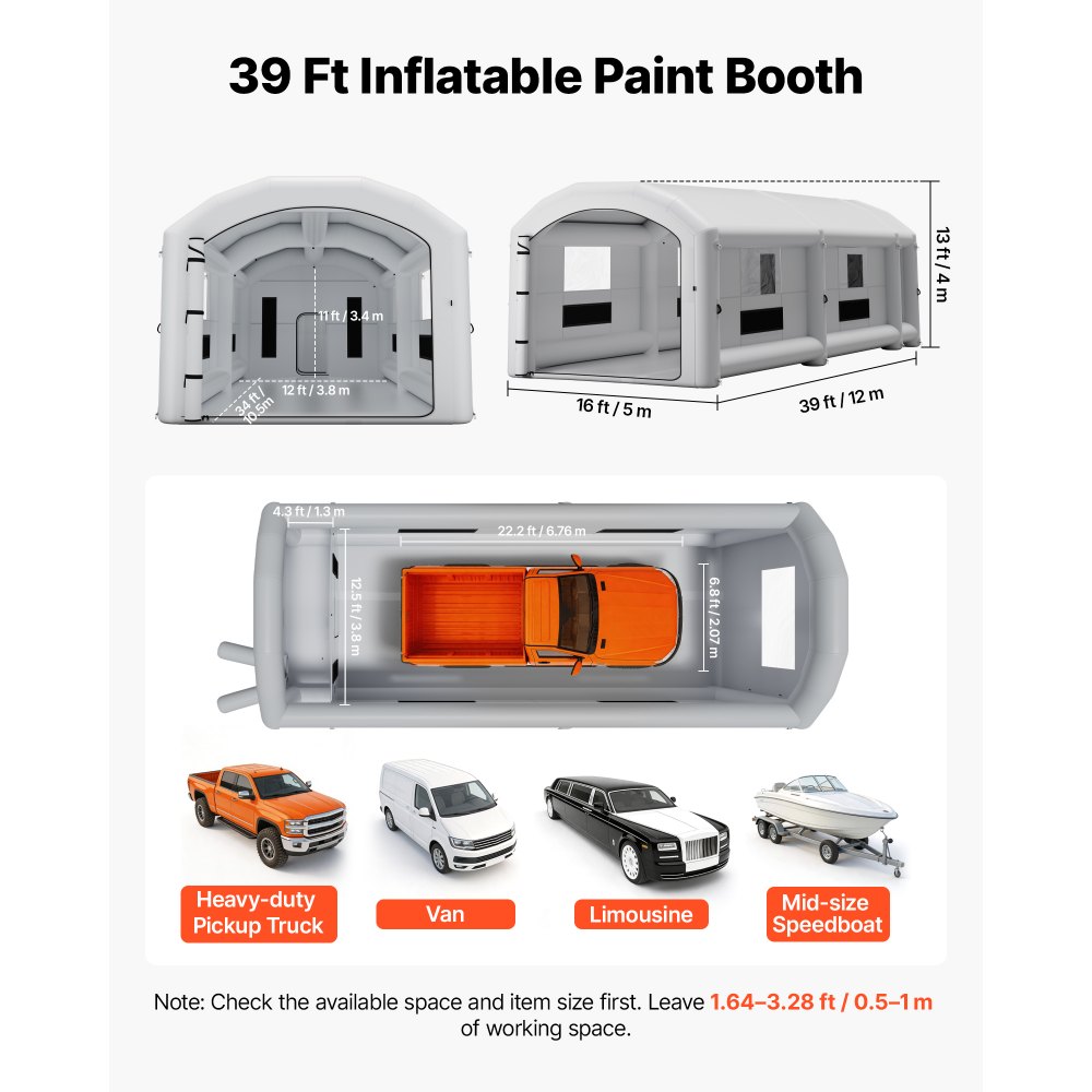 VEVOR Cabina de Pintura Inflable 12 x 5 x 4 m con Espacio para Herramientas, Cabina de Pulverización Hinchable con 2 Sopladores 950 W y 1100 W Sistema de Filtración, para Coche Camión Furgoneta, Gris