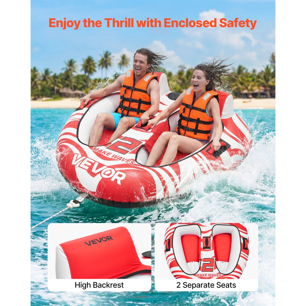 VEVOR Flotador de Arrastre Inflable para Deportes Acuáticos 163 x 160 x 56 cm, Flotador Remolcable para 2 Personas, Capacidad de 154 kg, con Dos Cabinas, Cubierta de Nailon, Asas Acolchadas, Rojo