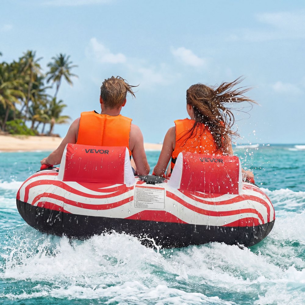 VEVOR Flotador de Arrastre Inflable para Deportes Acuáticos 163 x 160 x 56 cm, Flotador Remolcable para 2 Personas, Capacidad de 154 kg, con Dos Cabinas, Cubierta de Nailon, Asas Acolchadas, Rojo