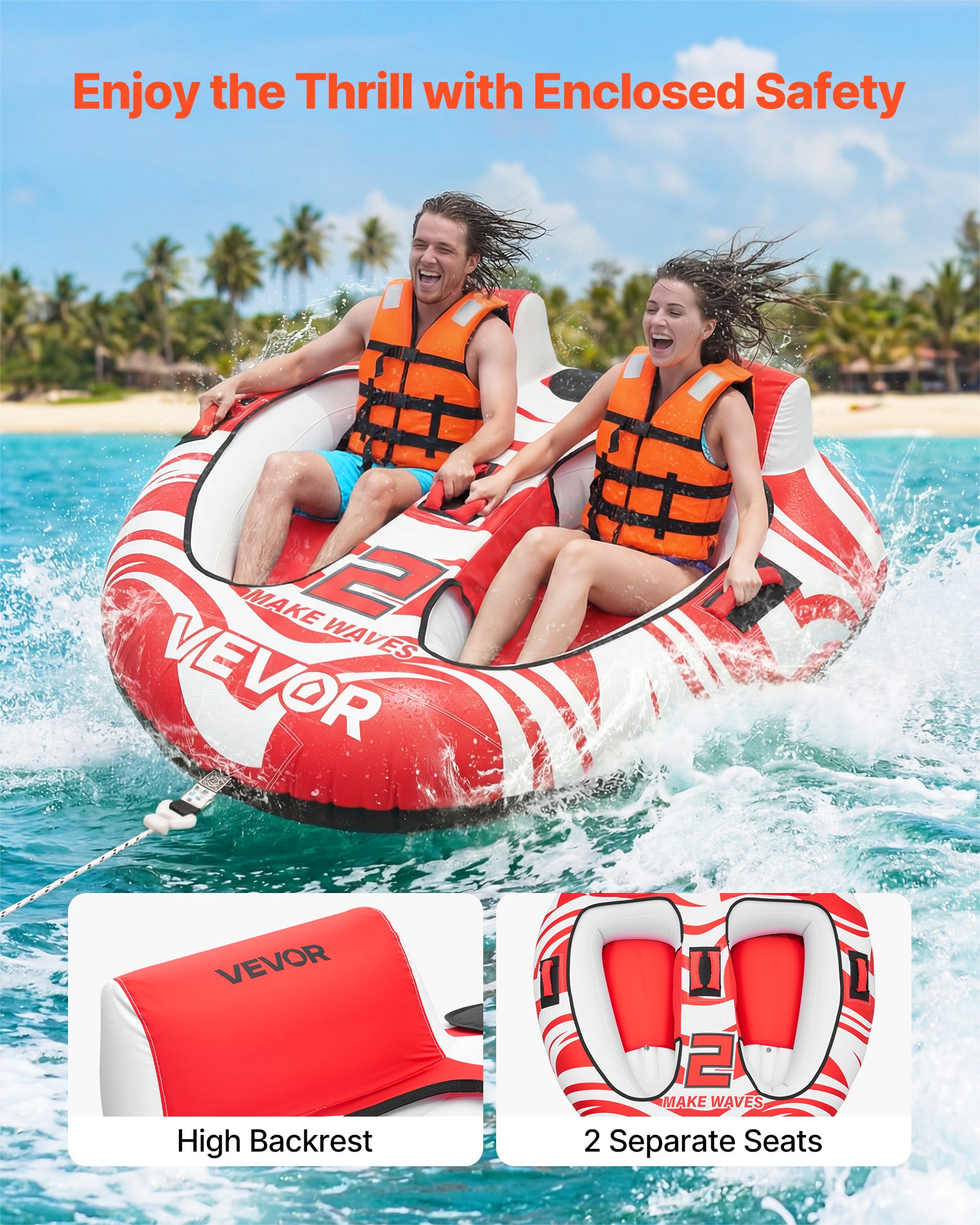 VEVOR Flotador de Arrastre Inflable para Deportes Acuáticos 163 x 160 x 56 cm, Flotador Remolcable para 2 Personas, Capacidad de 154 kg, con Dos Cabinas, Cubierta de Nailon, Asas Acolchadas, Rojo