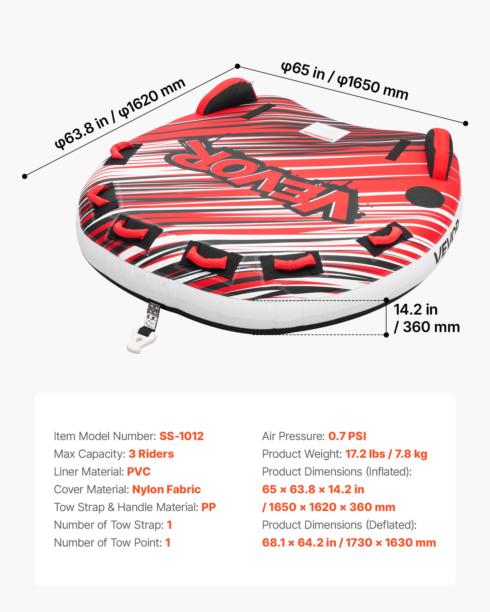 VEVOR Flotador de Arrastre Inflable para Deportes Acuáticos para 3 Personas, Flotador Remolcable 165x162 cm Capacidad de 231 kg, con Cubierta de Nailon, Asas Acolchadas, Válvula de Seguridad, Rojo