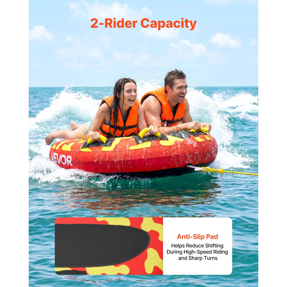 VEVOR Flotador de Arrastre Inflable para Deportes Acuáticos 130 cm, Flotador Remolcable Carga de 154 kg para 2 Personas, con Cubierta de Nailon, Almohadilla Antideslizante, Asas Acolchadas, Rojo