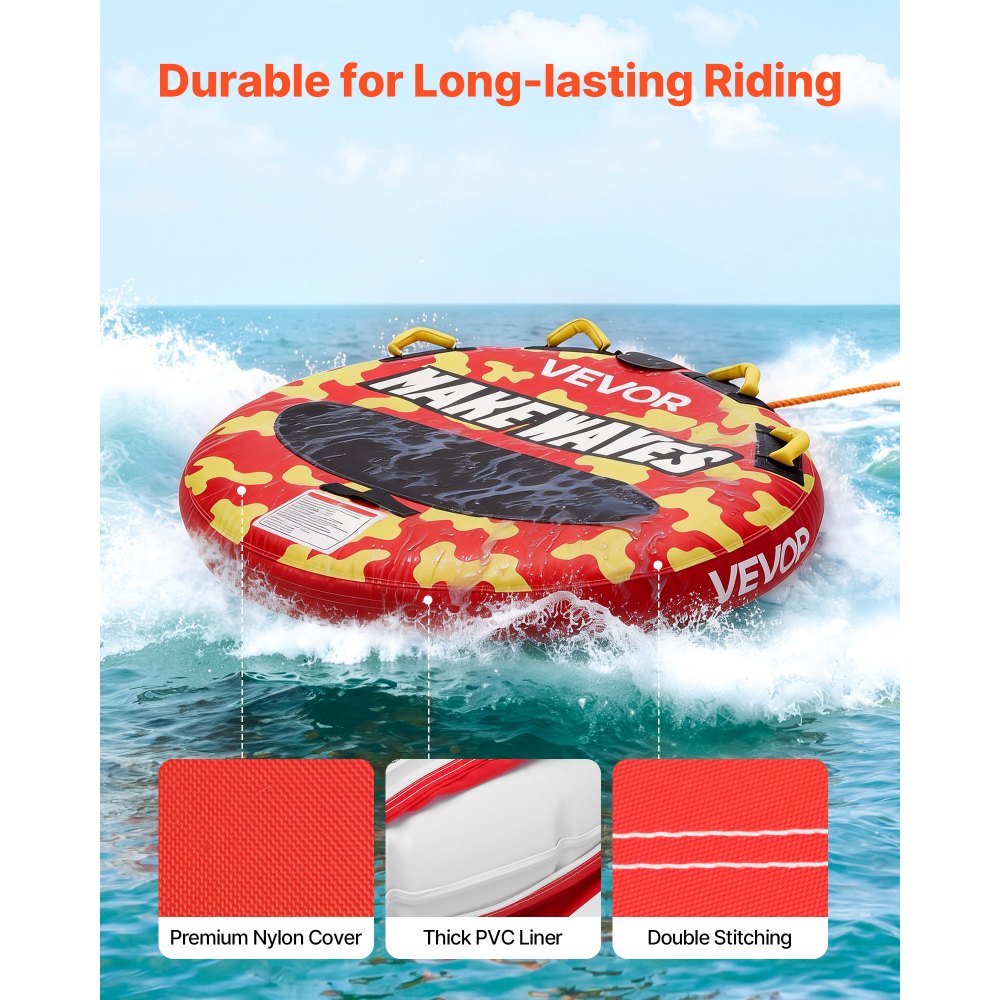 VEVOR Flotador de Arrastre Inflable para Deportes Acuáticos 130 cm, Flotador Remolcable Carga de 154 kg para 2 Personas, con Cubierta de Nailon, Almohadilla Antideslizante, Asas Acolchadas, Rojo