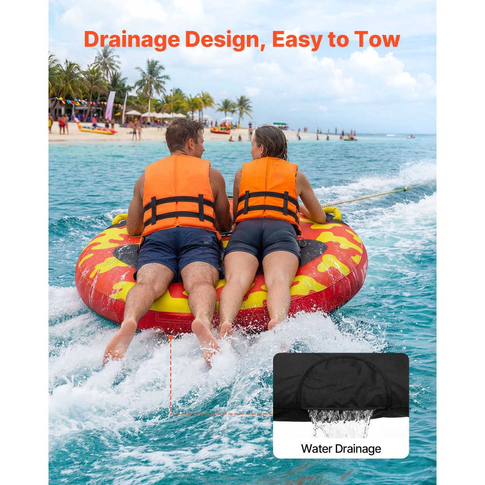 VEVOR Flotador de Arrastre Inflable para Deportes Acuáticos 130 cm, Flotador Remolcable Carga de 154 kg para 2 Personas, con Cubierta de Nailon, Almohadilla Antideslizante, Asas Acolchadas, Rojo