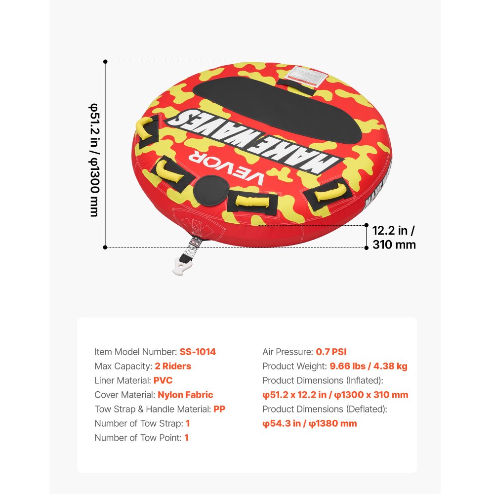 VEVOR Flotador de Arrastre Inflable para Deportes Acuáticos 130 cm, Flotador Remolcable Carga de 154 kg para 2 Personas, con Cubierta de Nailon, Almohadilla Antideslizante, Asas Acolchadas, Rojo