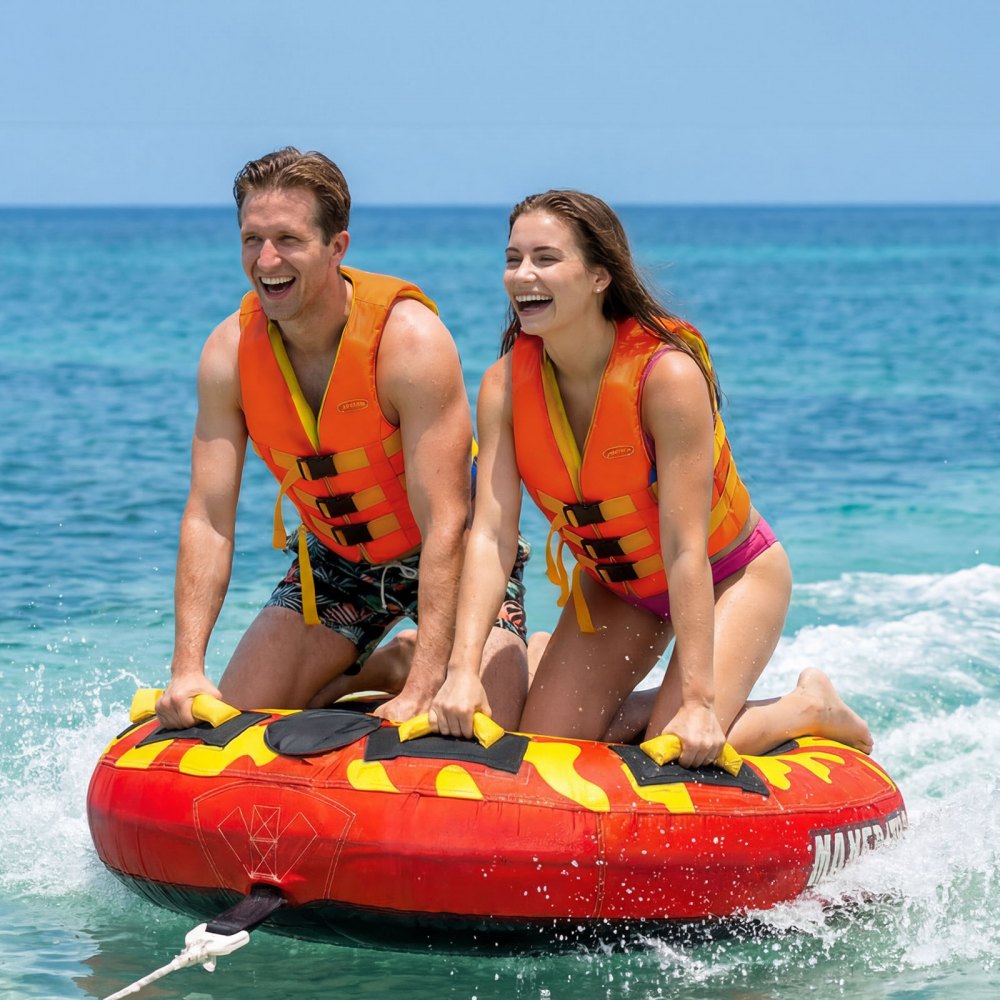 VEVOR Flotador de Arrastre Inflable para Deportes Acuáticos 130 cm, Flotador Remolcable Carga de 154 kg para 2 Personas, con Cubierta de Nailon, Almohadilla Antideslizante, Asas Acolchadas, Rojo
