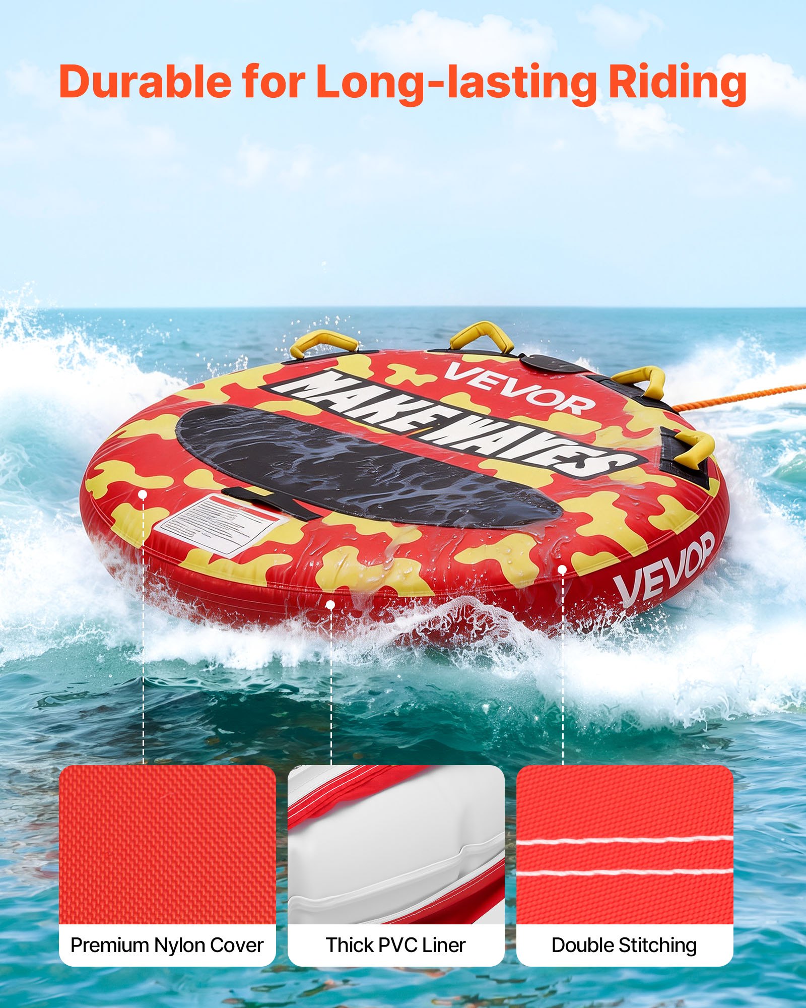 VEVOR Flotador de Arrastre Inflable para Deportes Acuáticos 130 cm, Flotador Remolcable Carga de 154 kg para 2 Personas, con Cubierta de Nailon, Almohadilla Antideslizante, Asas Acolchadas, Rojo