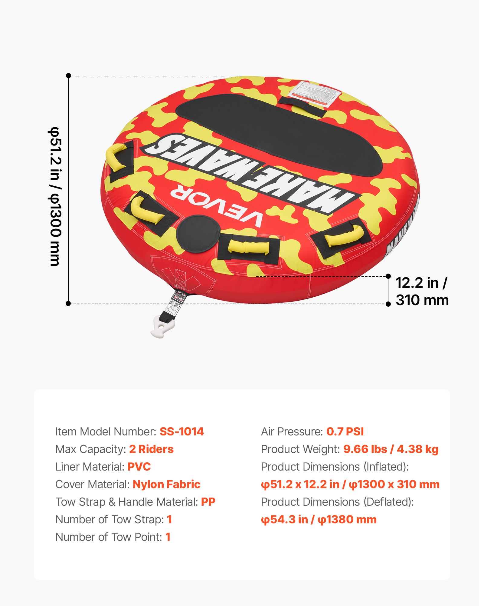 VEVOR Flotador de Arrastre Inflable para Deportes Acuáticos 130 cm, Flotador Remolcable Carga de 154 kg para 2 Personas, con Cubierta de Nailon, Almohadilla Antideslizante, Asas Acolchadas, Rojo