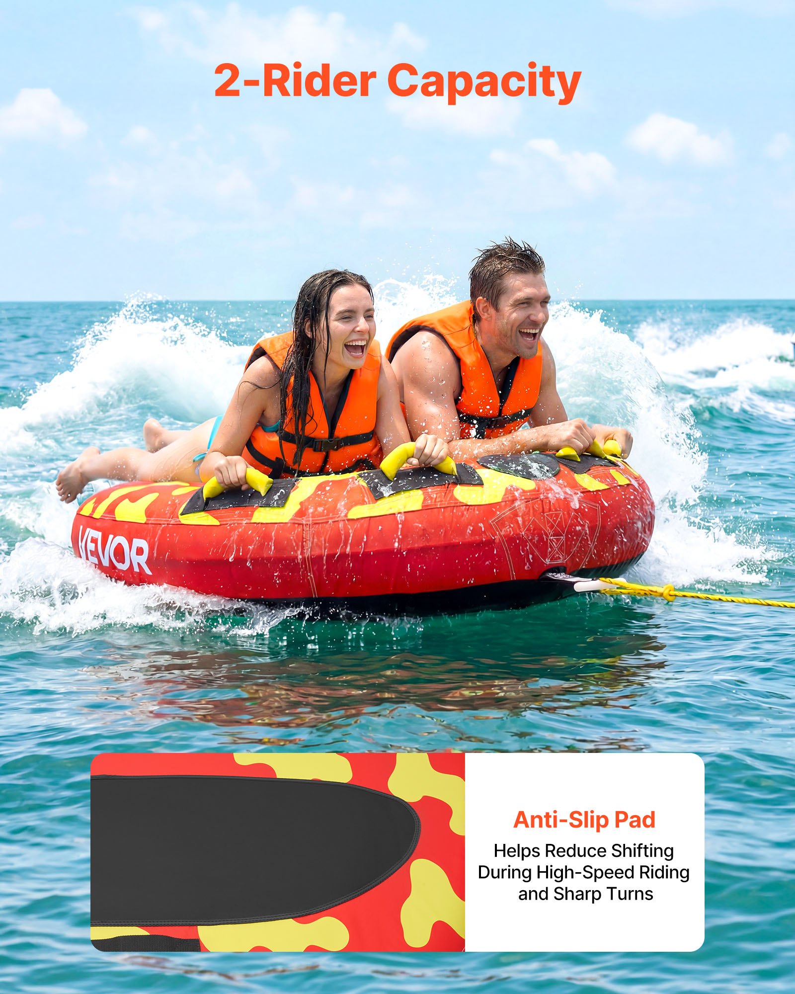 VEVOR Flotador de Arrastre Inflable para Deportes Acuáticos 130 cm, Flotador Remolcable Carga de 154 kg para 2 Personas, con Cubierta de Nailon, Almohadilla Antideslizante, Asas Acolchadas, Rojo