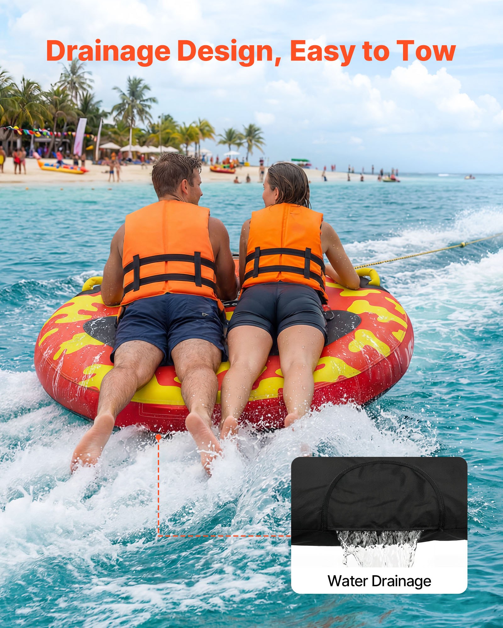 VEVOR Flotador de Arrastre Inflable para Deportes Acuáticos 130 cm, Flotador Remolcable Carga de 154 kg para 2 Personas, con Cubierta de Nailon, Almohadilla Antideslizante, Asas Acolchadas, Rojo