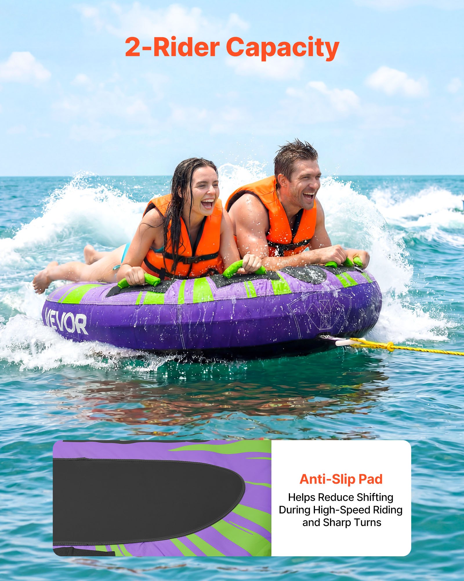 VEVOR Flotador de Arrastre Inflable para Deportes Acuáticos 130 cm, Flotador Remolcable para 2 Personas, Carga de 154 kg, con Almohadilla Antideslizante, Cubierta de Nailon, Asas Acolchadas, Morado