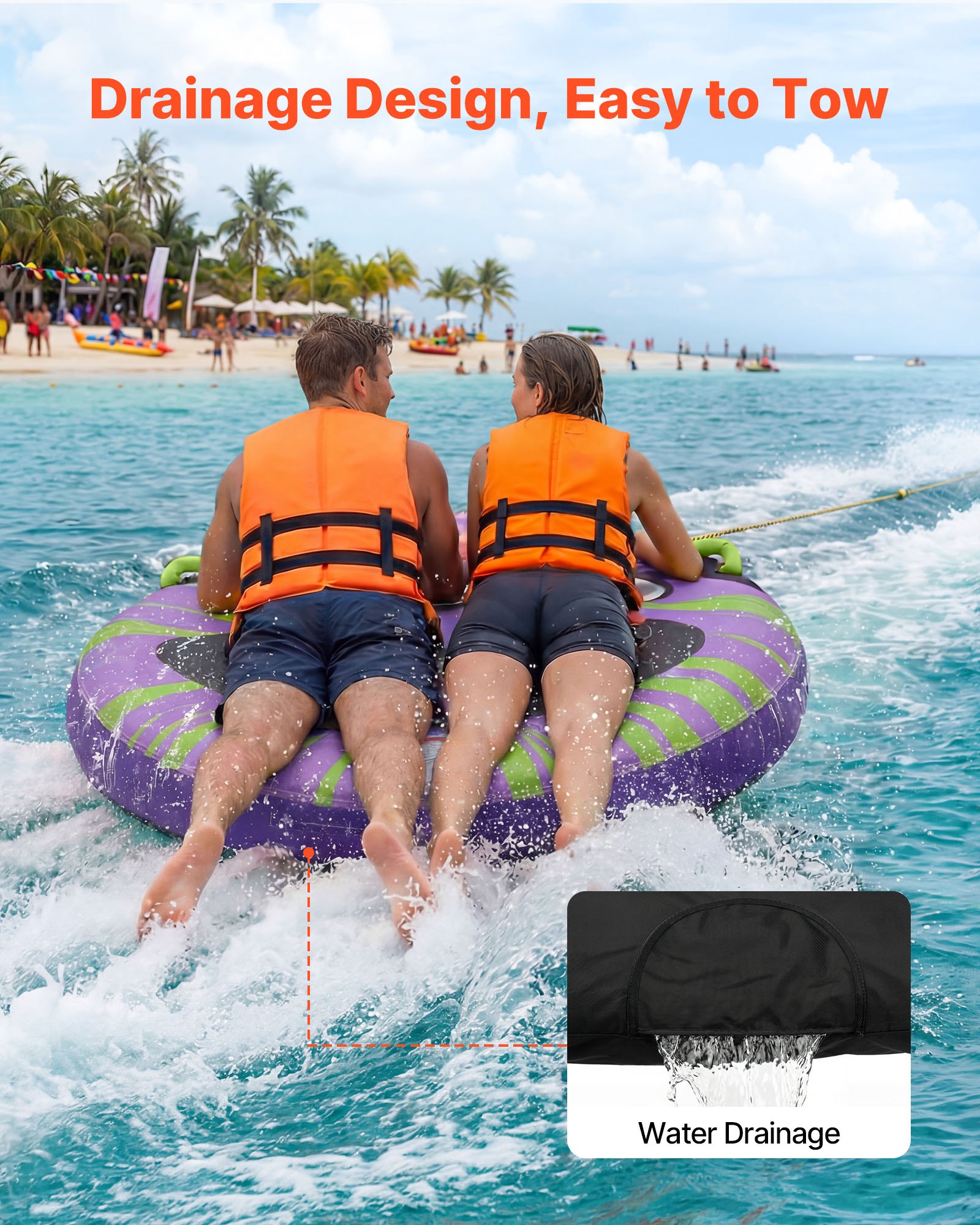 VEVOR Flotador de Arrastre Inflable para Deportes Acuáticos 130 cm, Flotador Remolcable para 2 Personas, Carga de 154 kg, con Almohadilla Antideslizante, Cubierta de Nailon, Asas Acolchadas, Morado